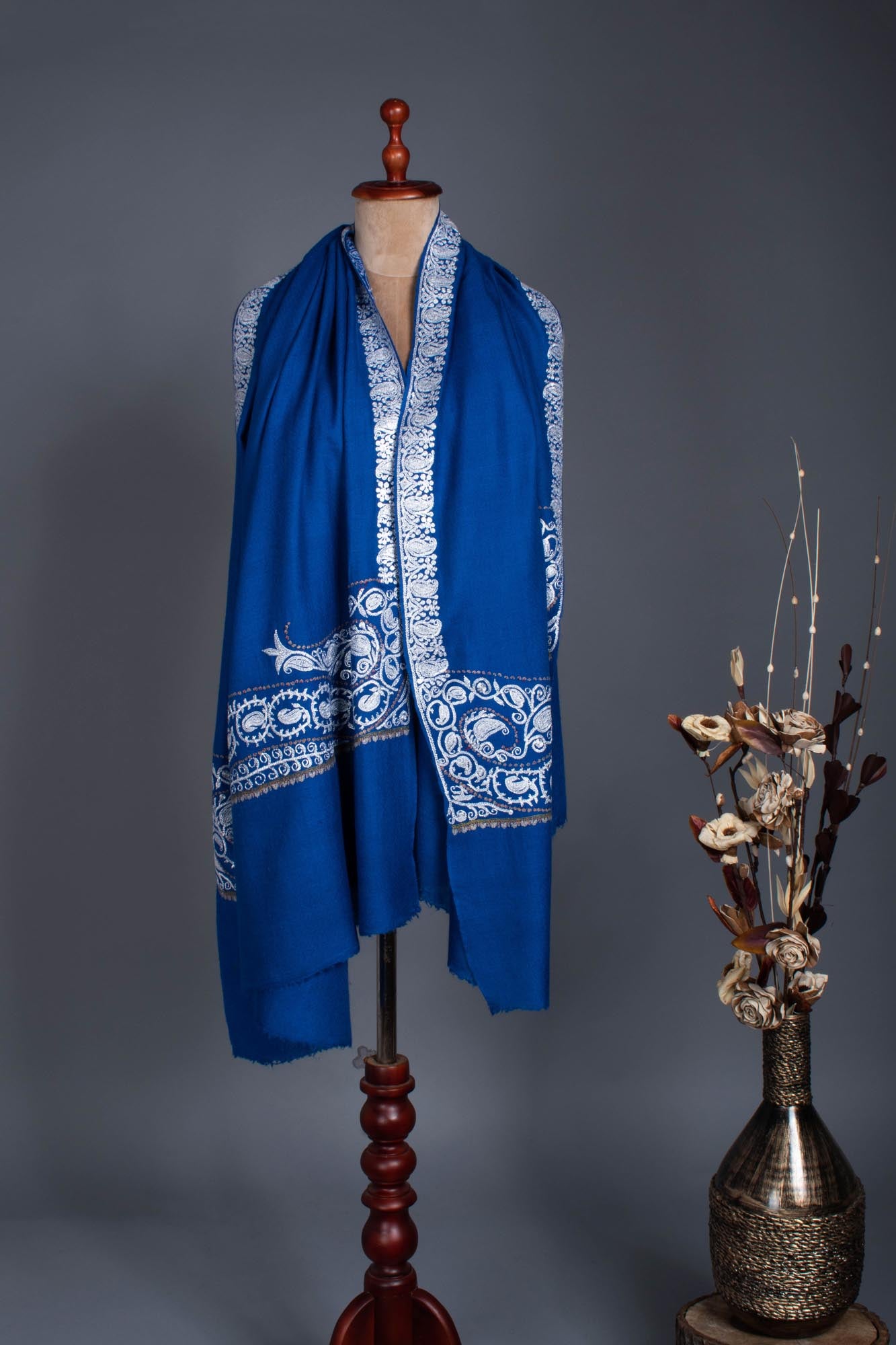 Cobalt Blue Pashmina Wrap featuring Silver Tilla Embroidery.