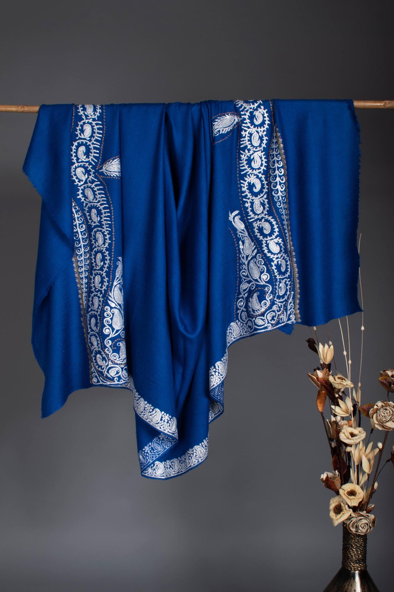 Cobalt Blue Pashmina Wrap featuring Silver Tilla Embroidery.