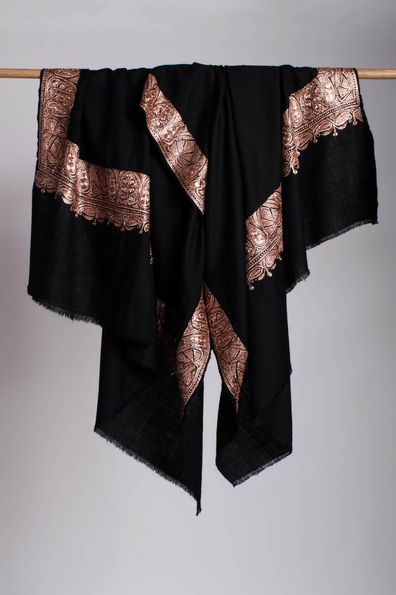 Copper Tilla Embroidered Black Pashmina Shawl - HALLSTATT