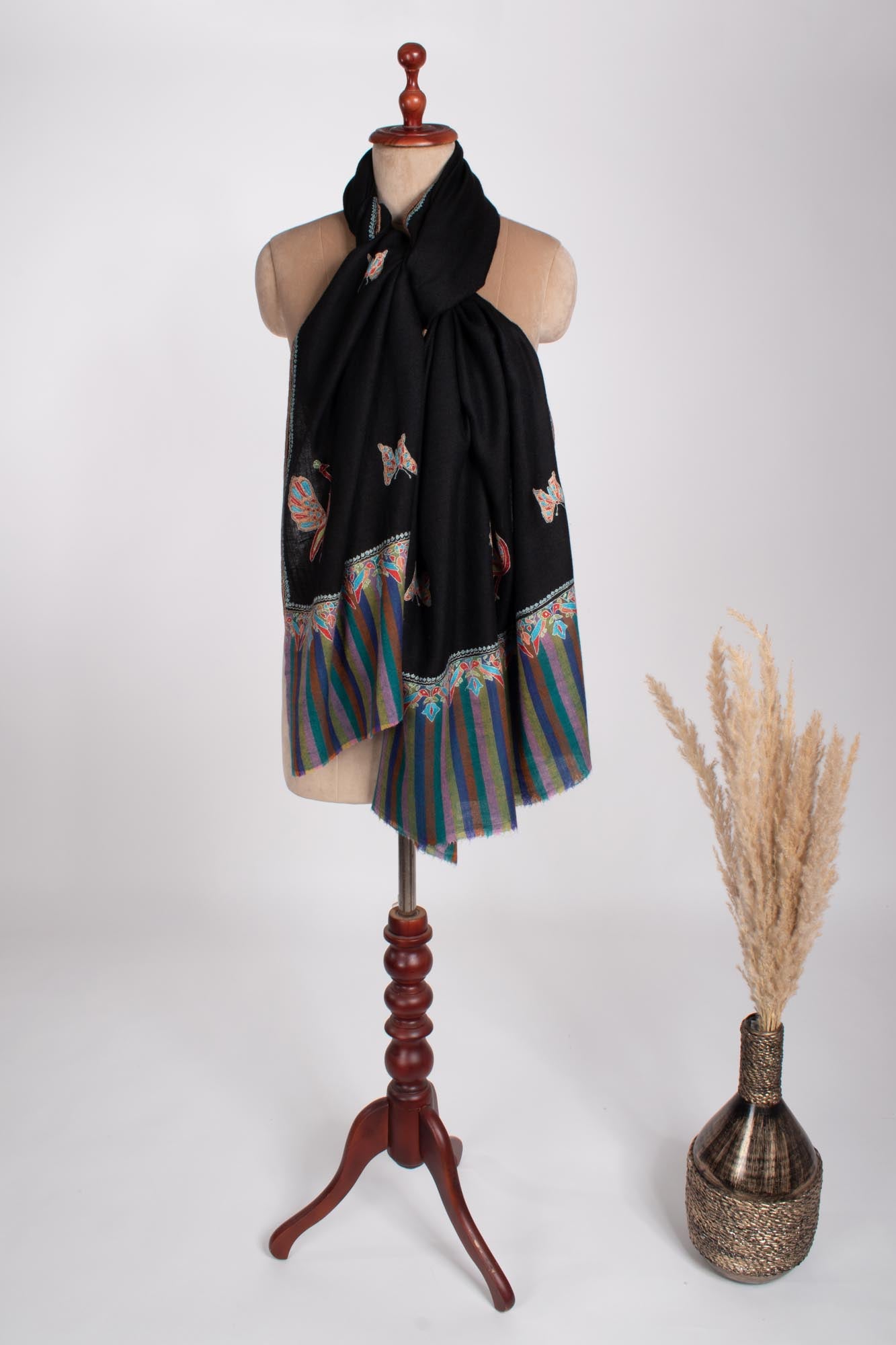 Dancing Peacock Black Pashmina Shawl - BUNDI