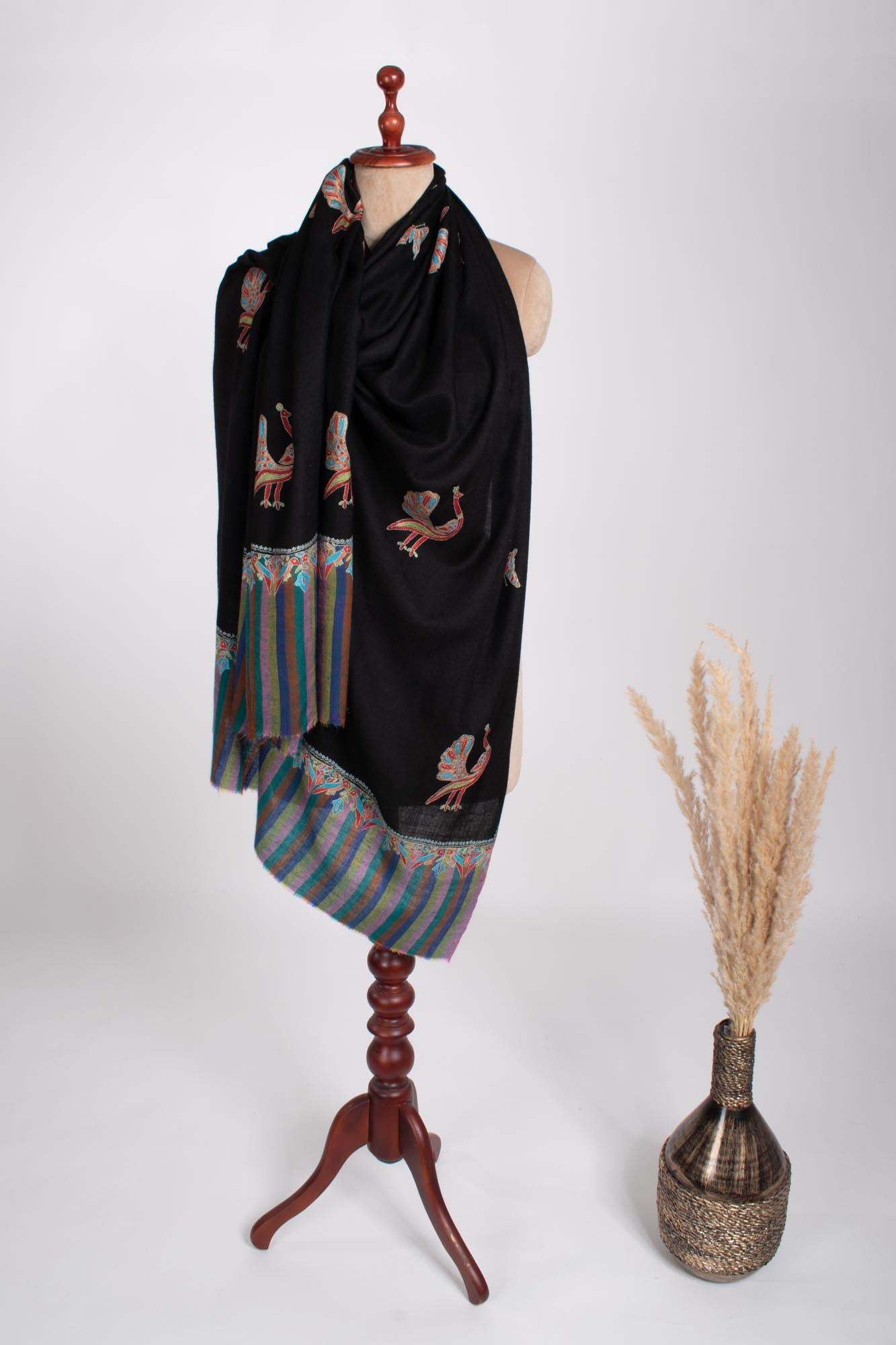 Dancing Peacock Black Pashmina Shawl - BUNDI