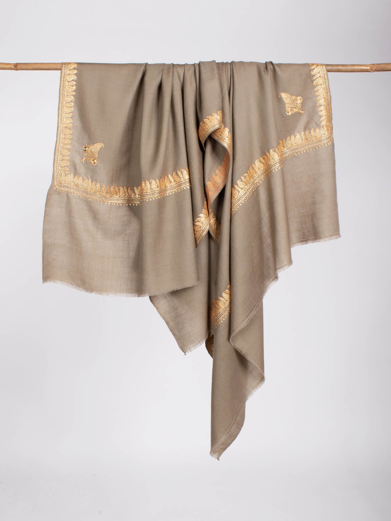 Gold Tilla Embroidered On Toosh Color Pashmina Shawl - CARLSBAD