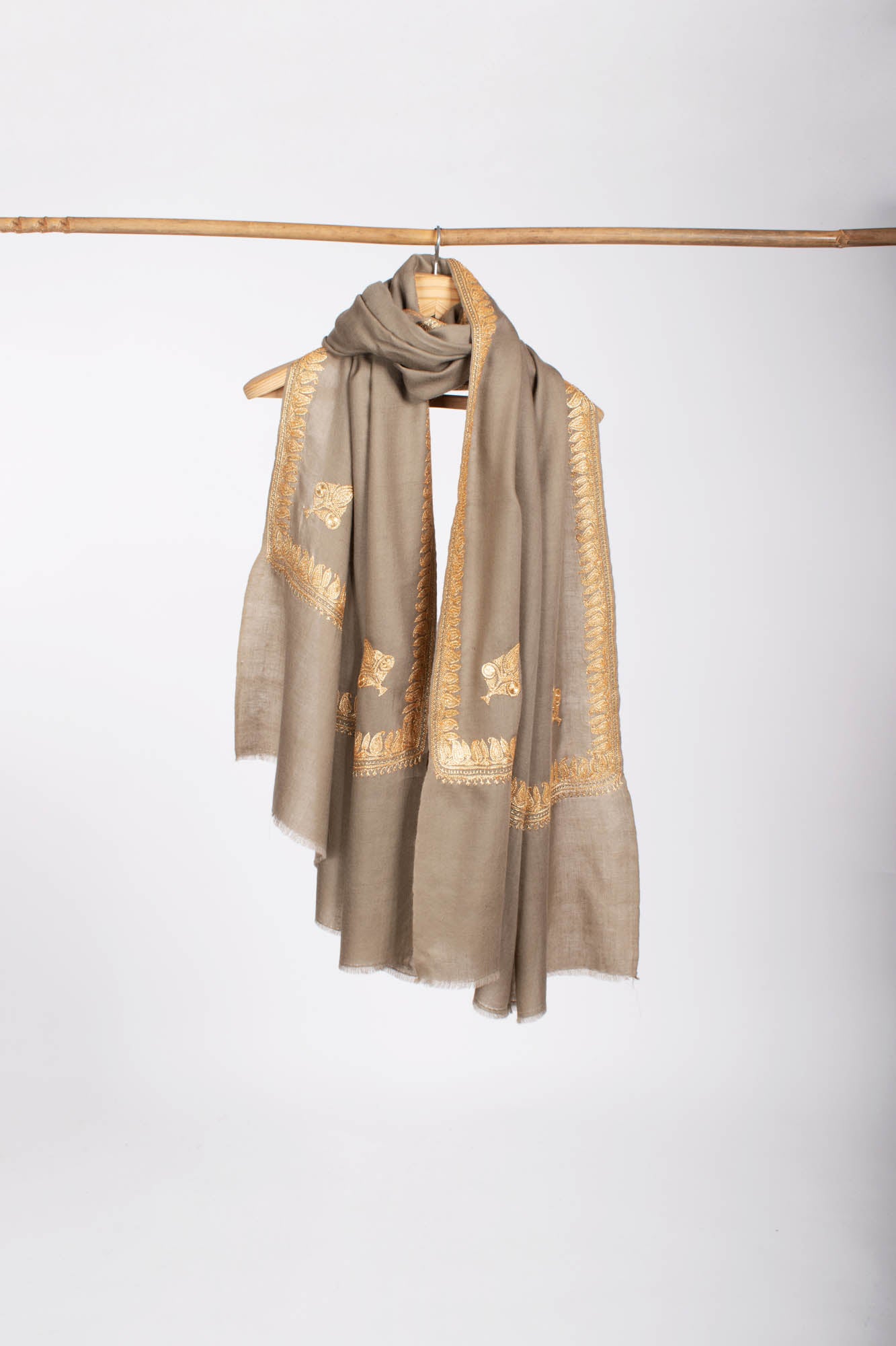 Gold Tilla Embroidered On Toosh Color Pashmina Shawl - CARLSBAD