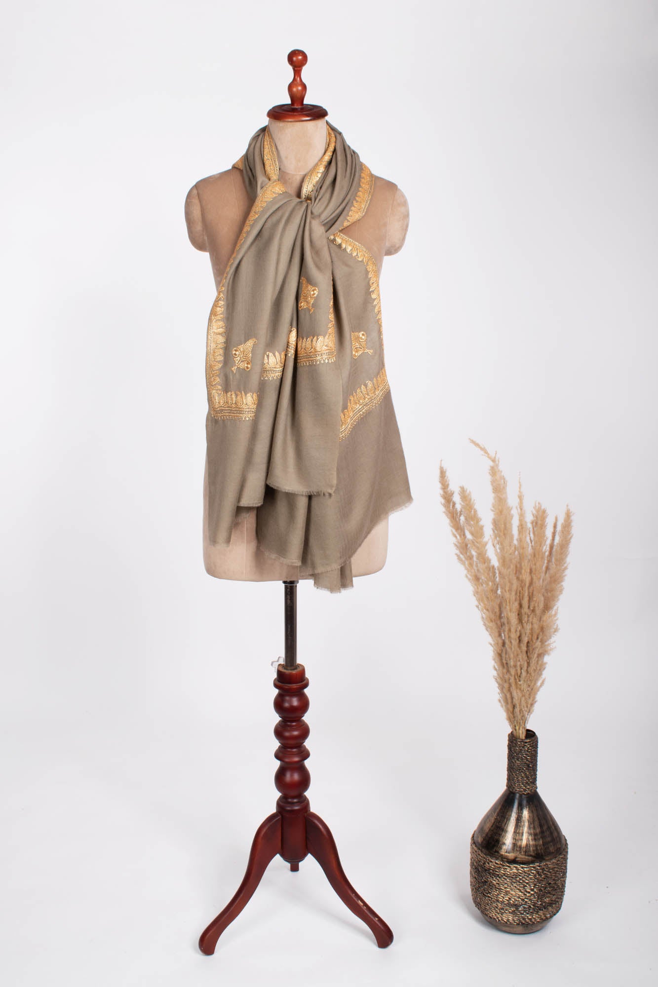 Gold Tilla Embroidered On Toosh Color Pashmina Shawl - CARLSBAD