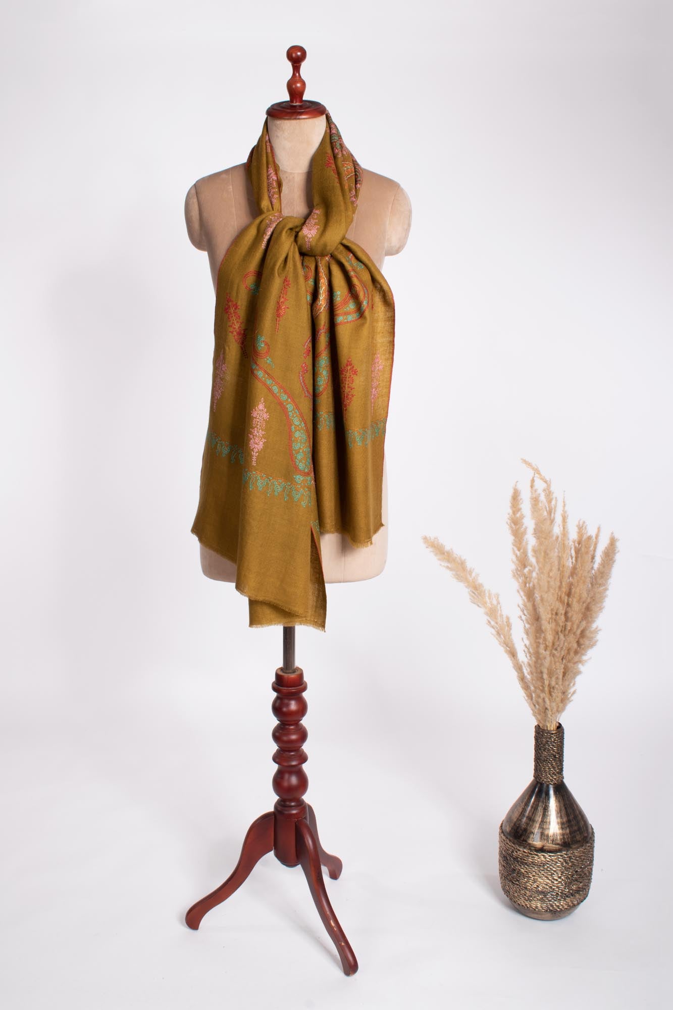 Soft Cashmere Scarf in Golden with Sozni Embroidery - MAJOR