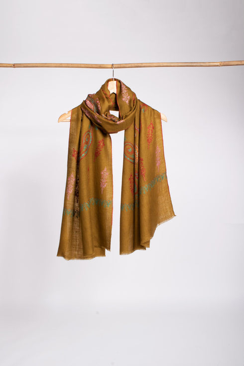 Soft Cashmere Scarf in Golden with Sozni Embroidery - MAJOR