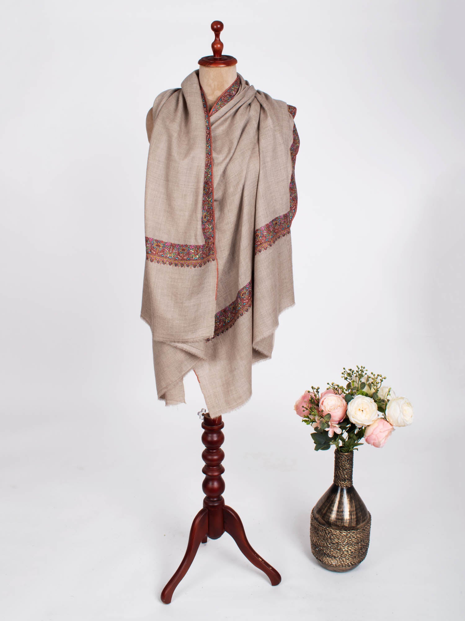 Gray Sozni Embroidered Indian Pashmina Shawl - STERLING