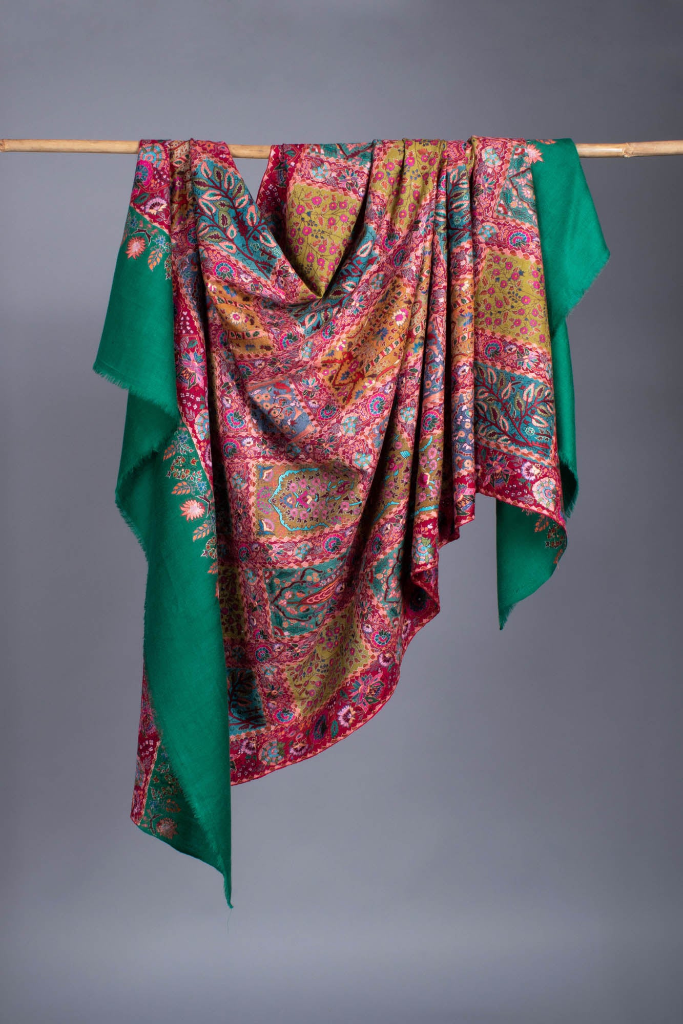 Green Red Artistic Wedding Jamavar Shawl - SUZANNE