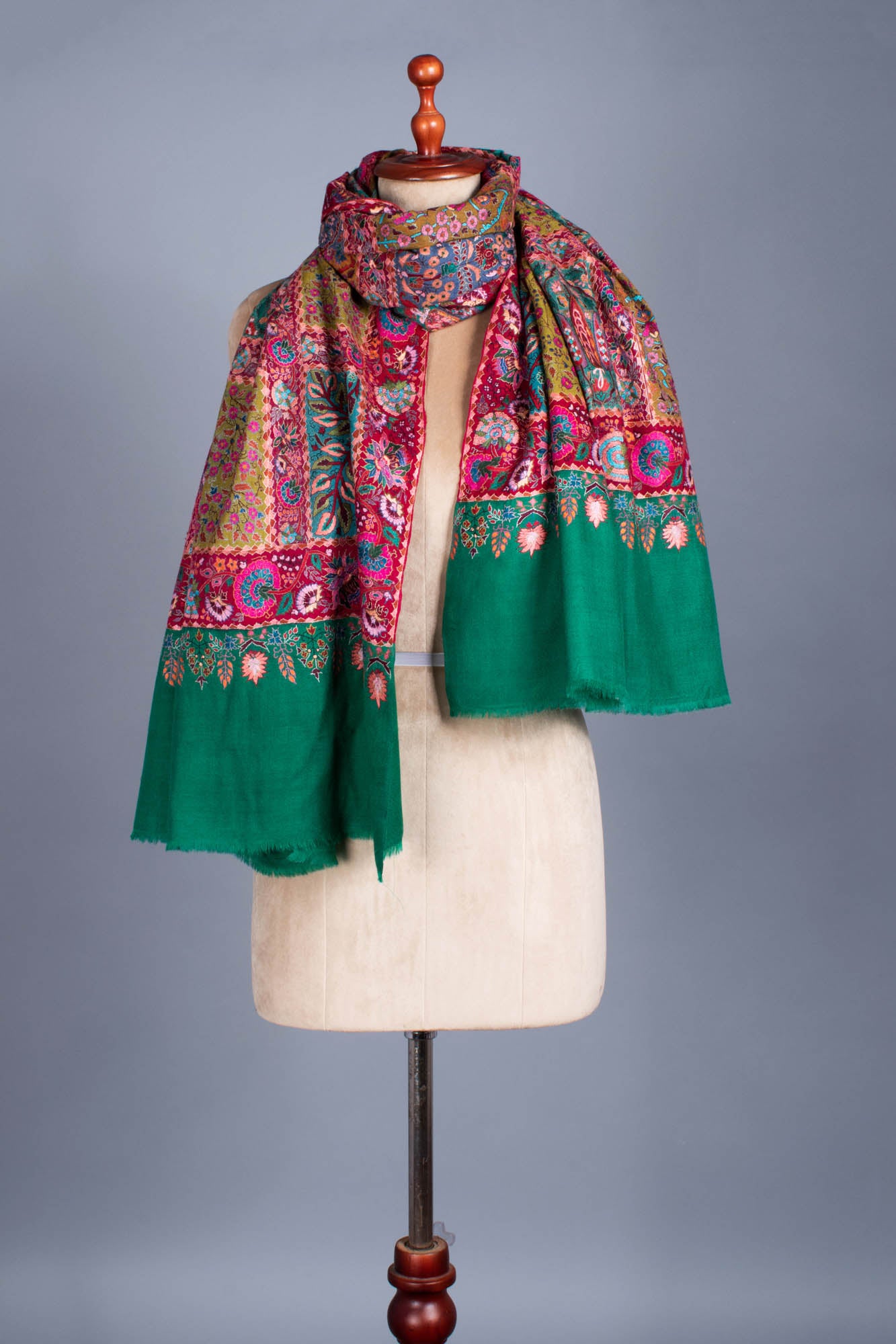 Green Red Artistic Wedding Jamavar Shawl - SUZANNE