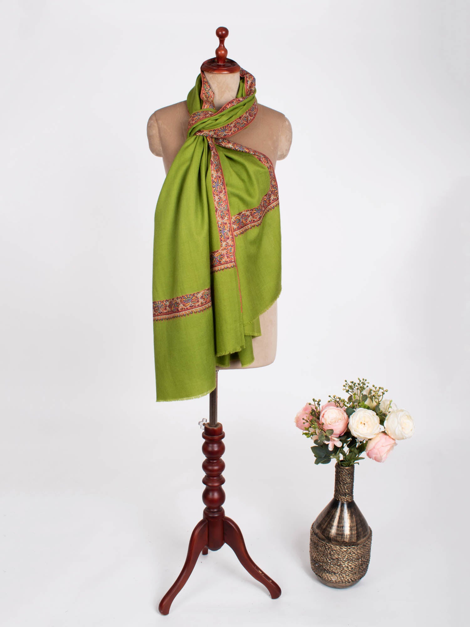 Green Sozni Embroidered Pashmina Shawl