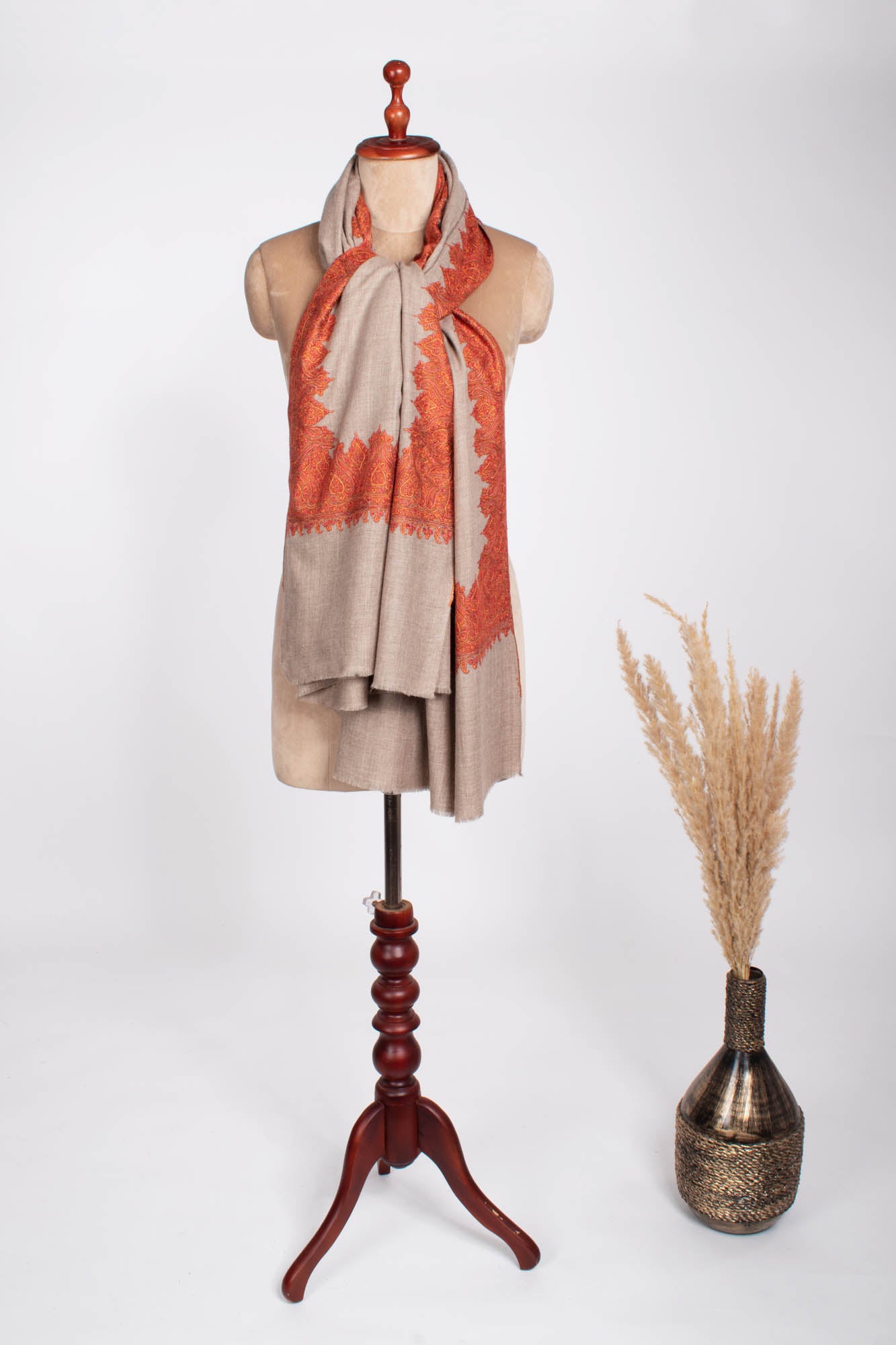 Grey Indian Pashmina Shawl with Orange Embroidery