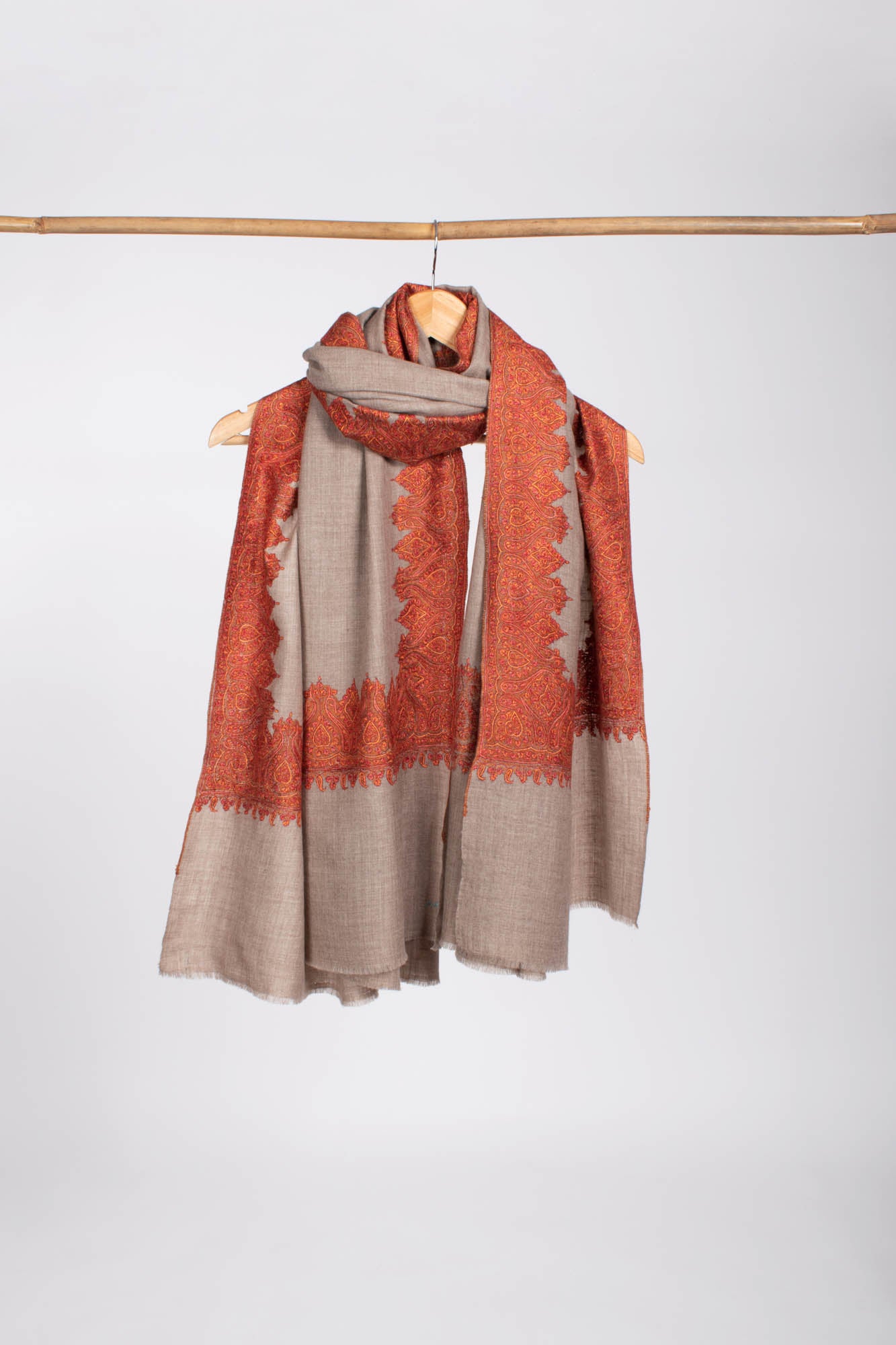 Grey Indian Pashmina Shawl with Orange Embroidery