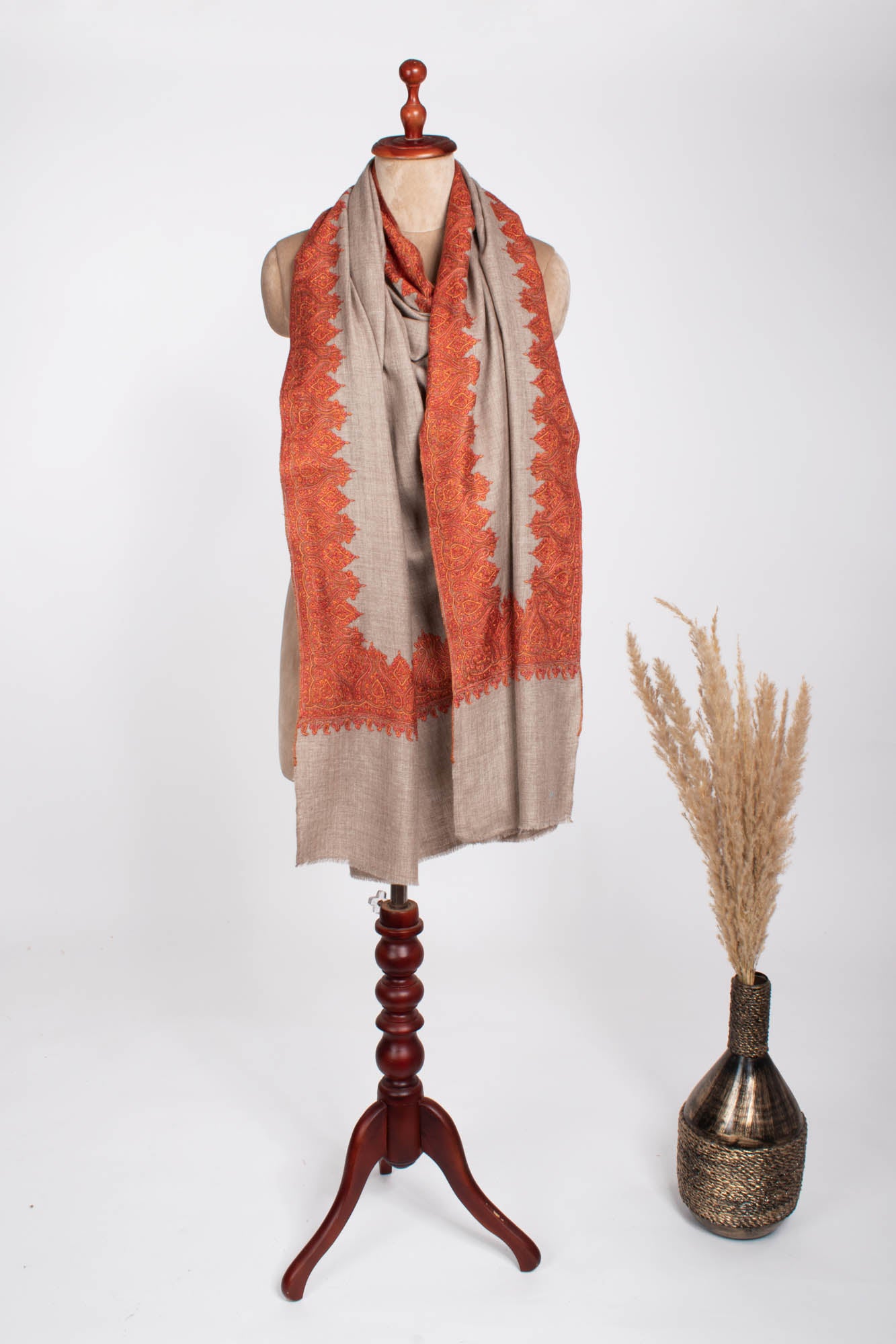 Grey Indian Pashmina Shawl with Orange Embroidery