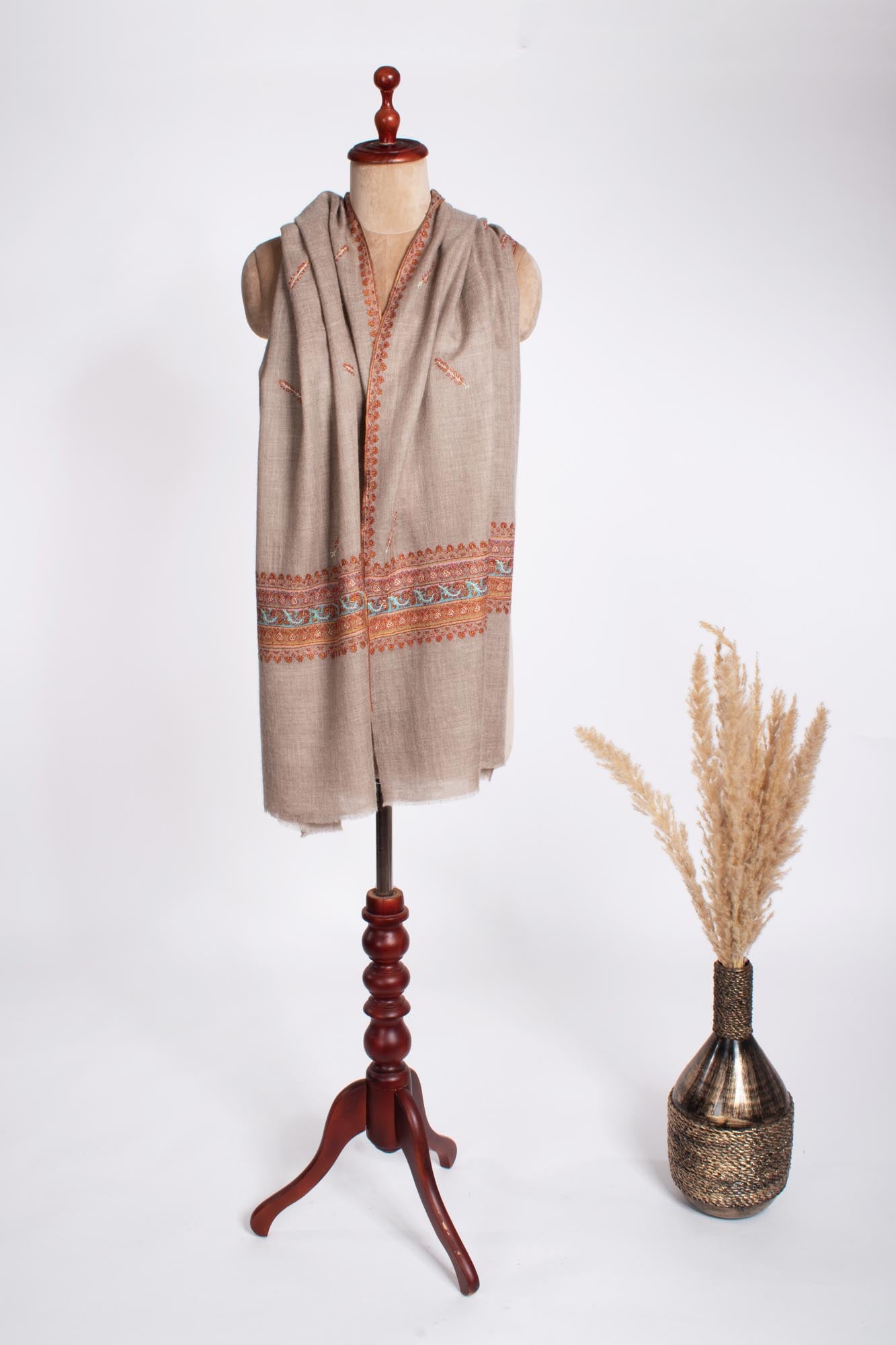 Grey Fine Hand Embroidered Cashmere Scarf - GREENVILLE