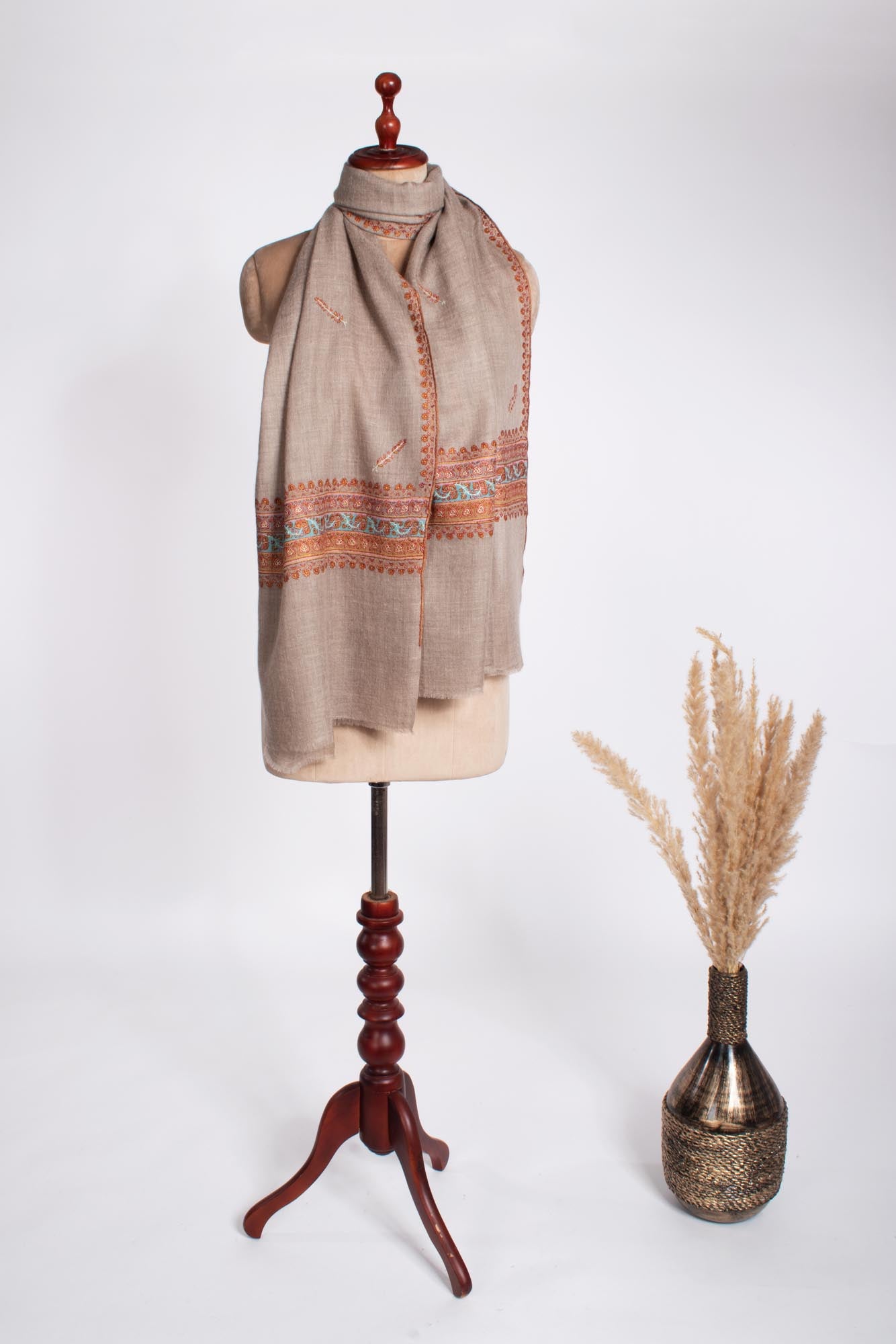 Grey Fine Hand Embroidered Cashmere Scarf - GREENVILLE