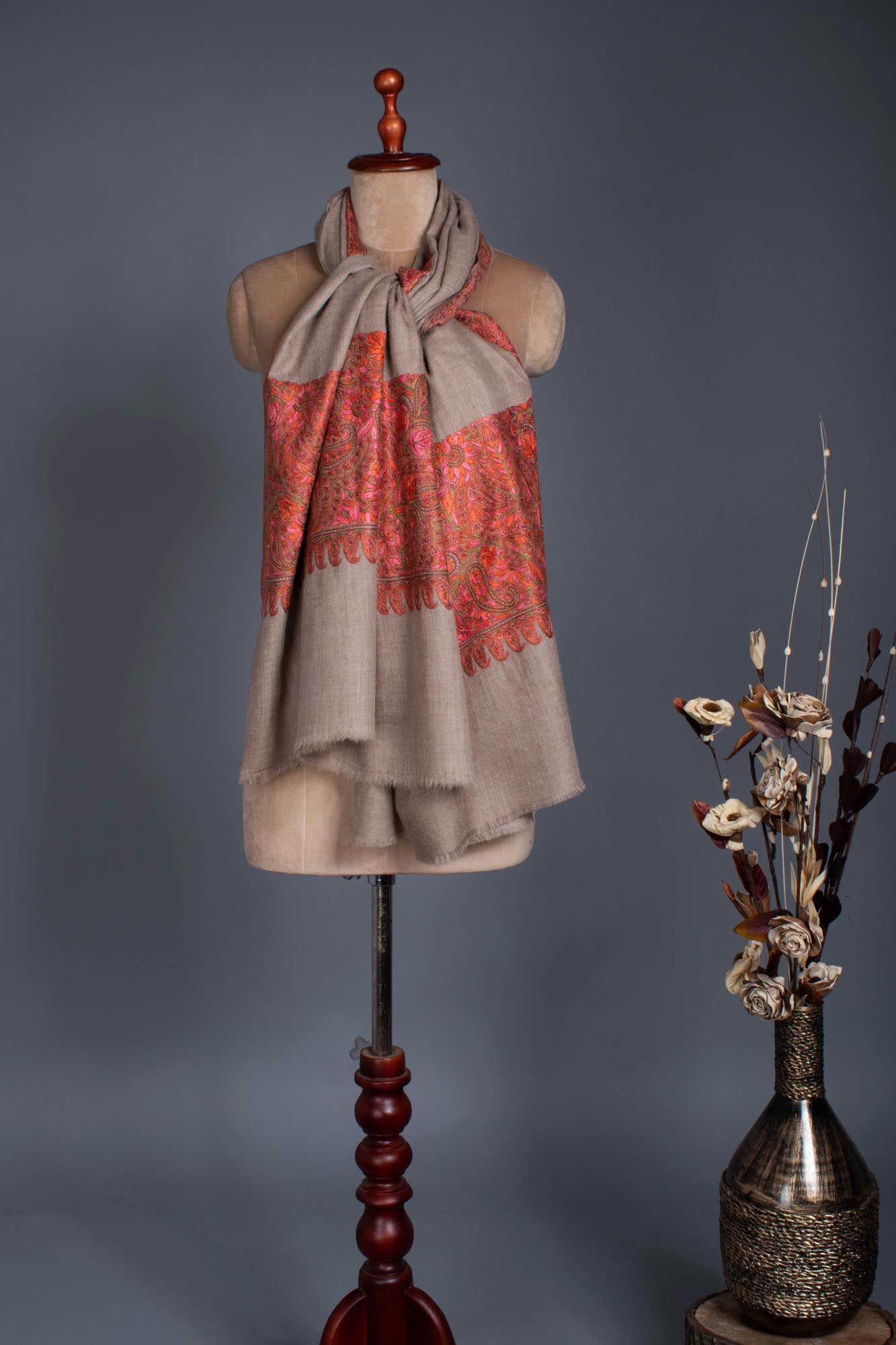 Soft and Lightweight Grey Pashmina with Hand Embroidery - JHALAWAR