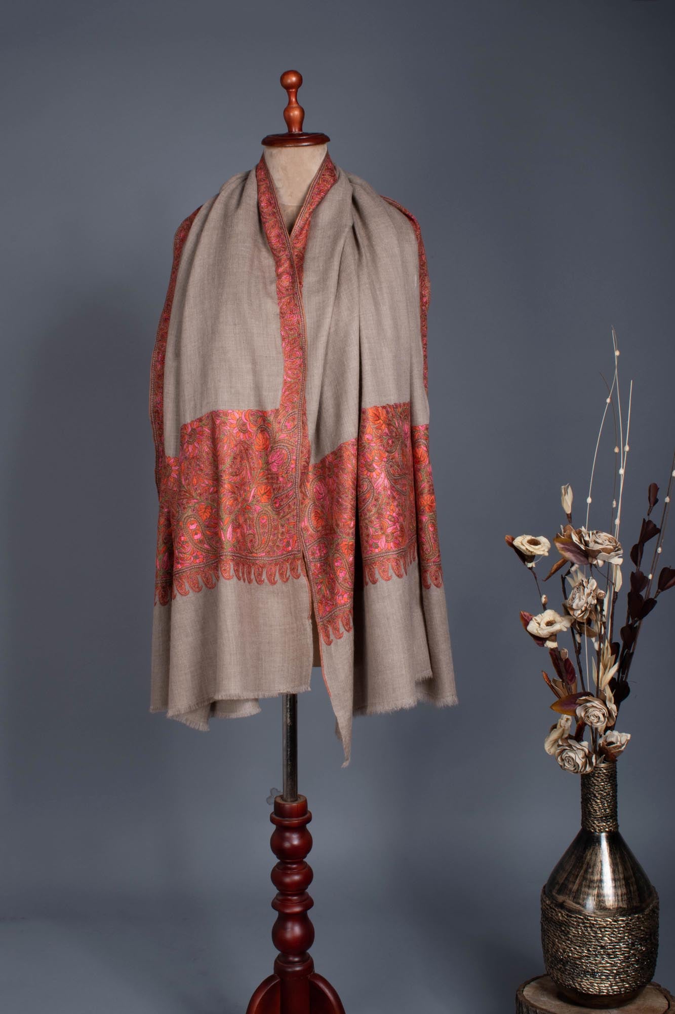 Soft and Lightweight Grey Pashmina with Hand Embroidery - JHALAWAR