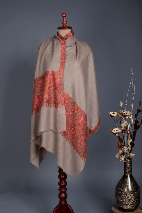 Soft and Lightweight Grey Pashmina with Hand Embroidery - JHALAWAR
