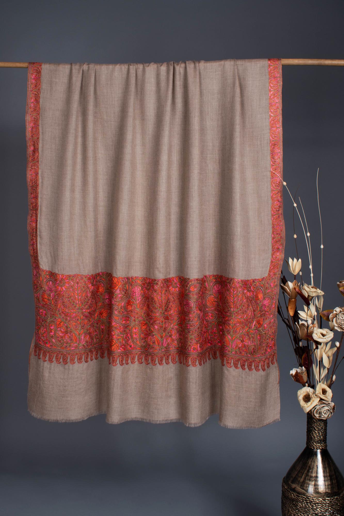 Soft and Lightweight Grey Pashmina with Hand Embroidery - JHALAWAR