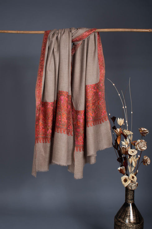 Soft and Lightweight Grey Pashmina with Hand Embroidery - JHALAWAR
