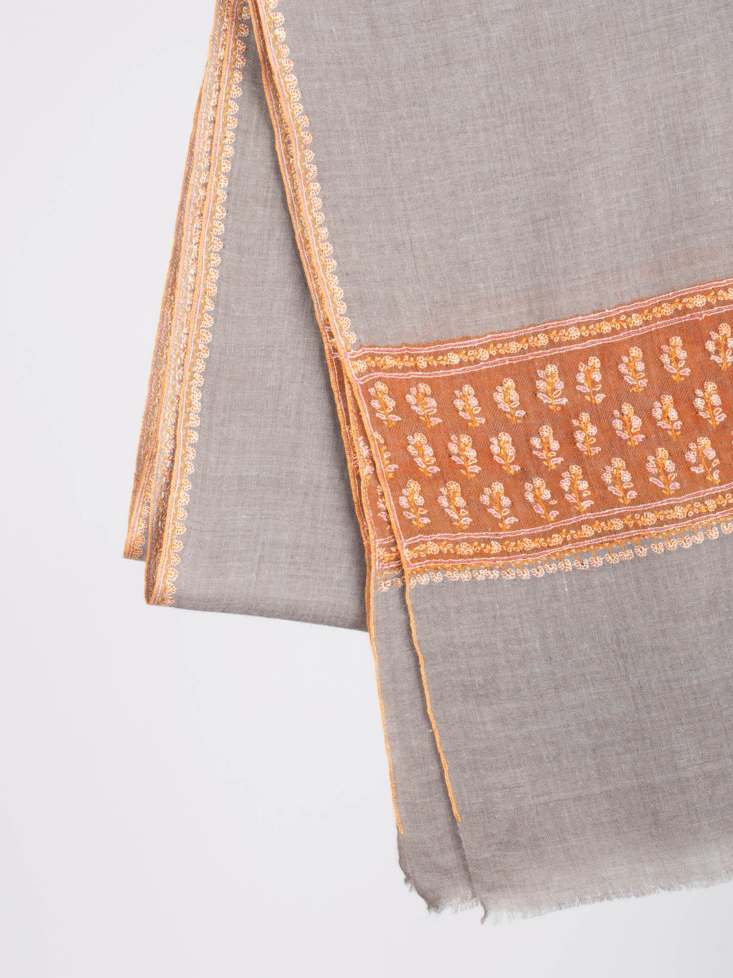 Gray and Orange Embroidered Beautiful Cashmere Wrap - MARQUETTE