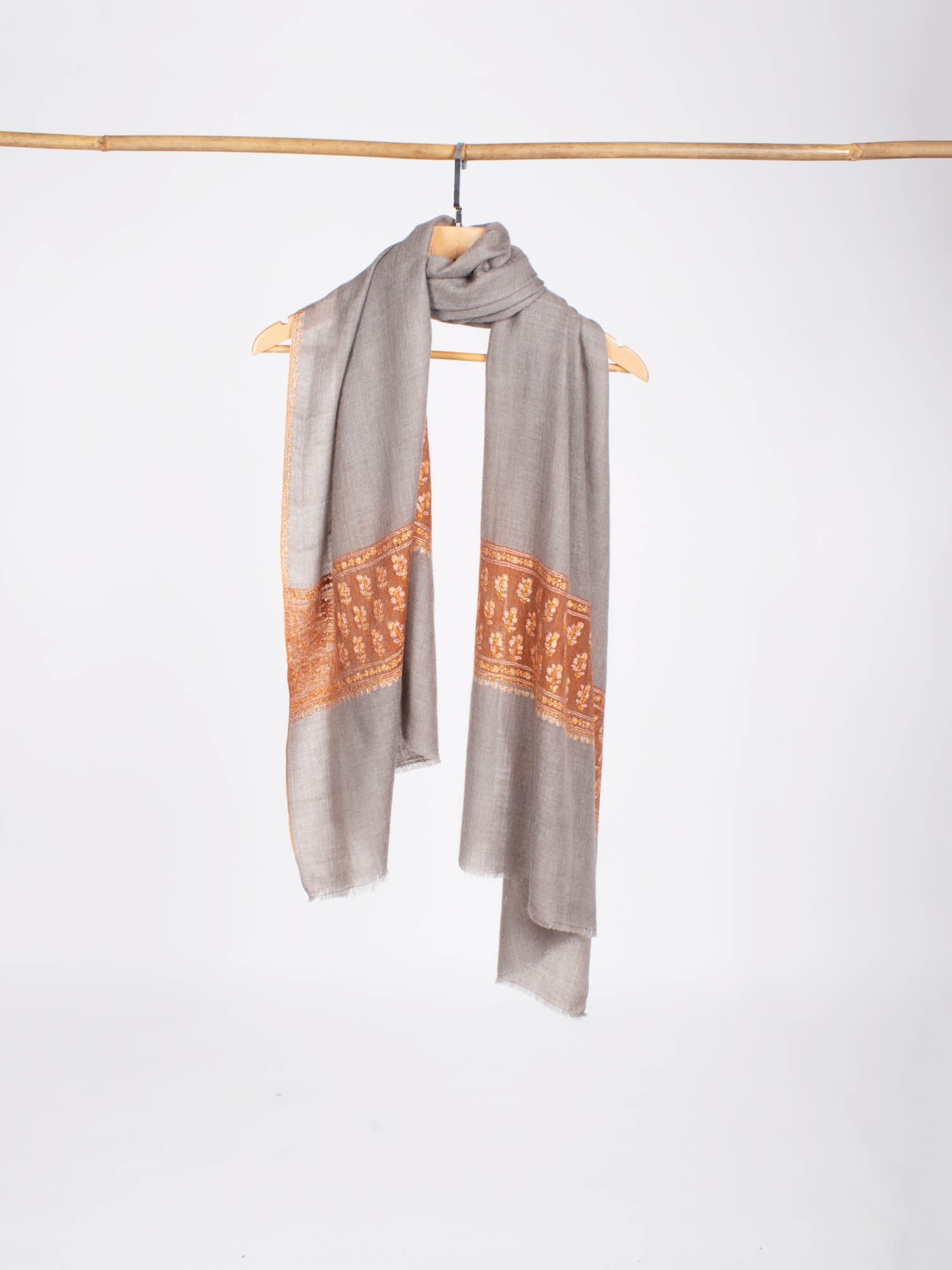 Gray and Orange Embroidered Beautiful Cashmere Wrap - MARQUETTE