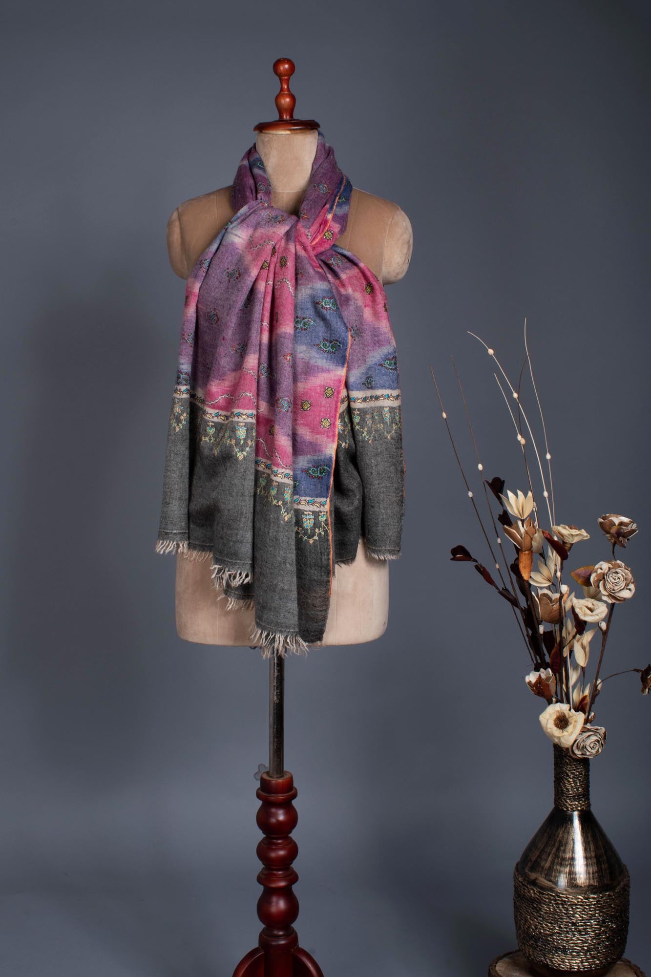 Handloomed Ikat Pashmina With Embroidery - BARMER