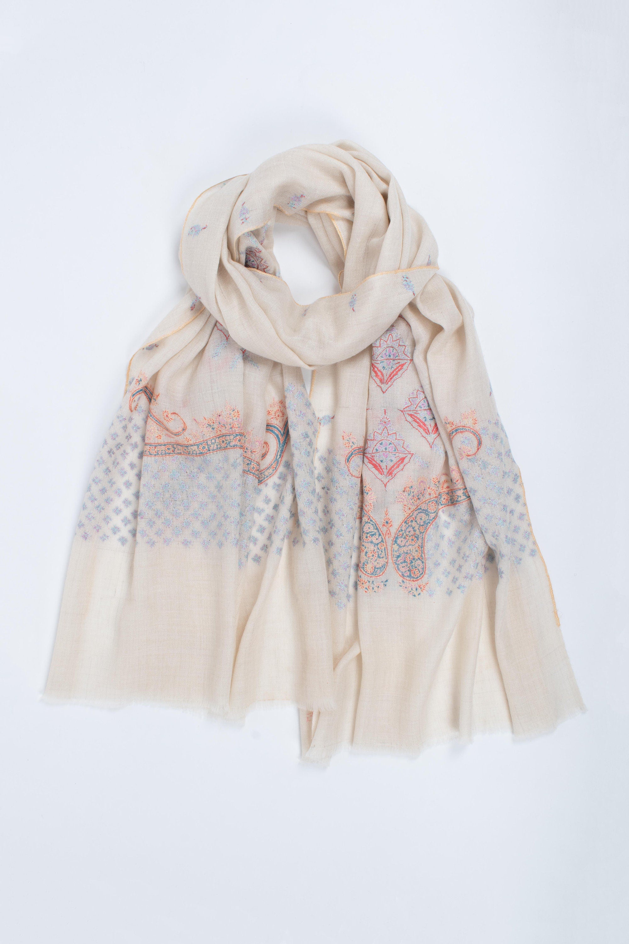 Ivory Kashmir Shawl, Pashmina Scarf, Sozni Wrap, Super Soft, Handmade, Embroidered Neck Scarves, 28x80" - MEXICO