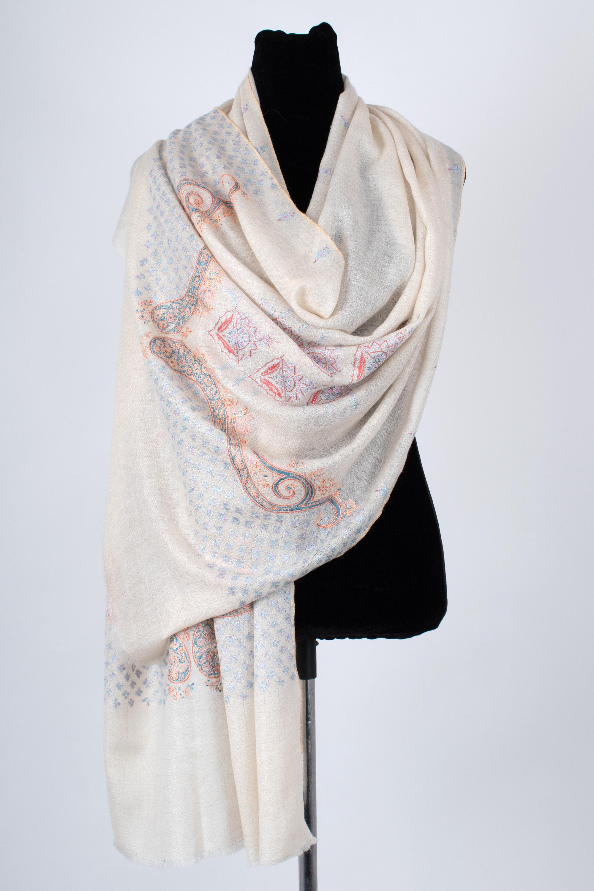 Châle du Cachemire ivoire, écharpe Pashmina, Sozni Wrap, Super Soft, Fait main, Foulards brodés, 28x80 » - MEXIQUE