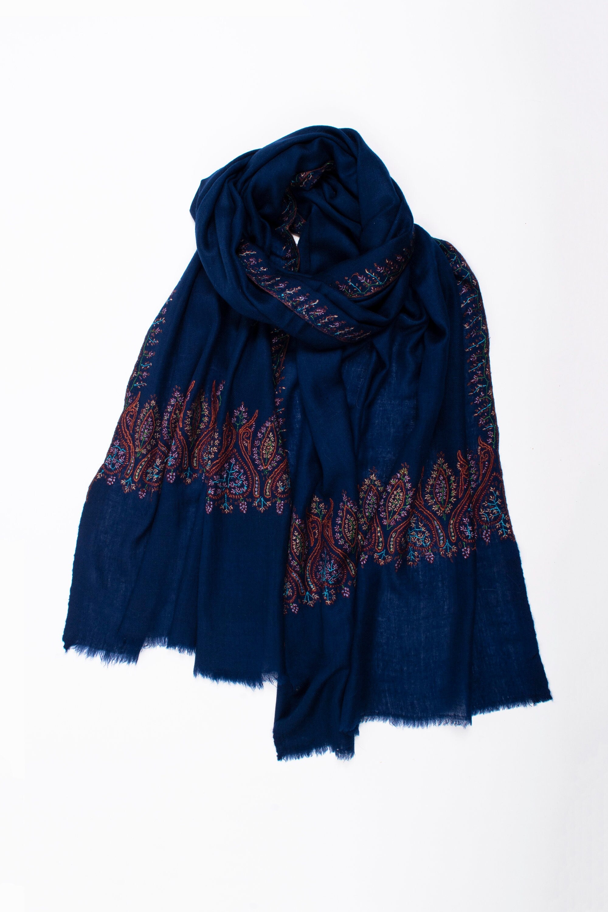 Prussian Blue Pashminas, Needlework Embroideries, Kashmiri Shawls, Summer Wraps, Goat Scarf, Real Cashmere, 28x80" - LORIENT