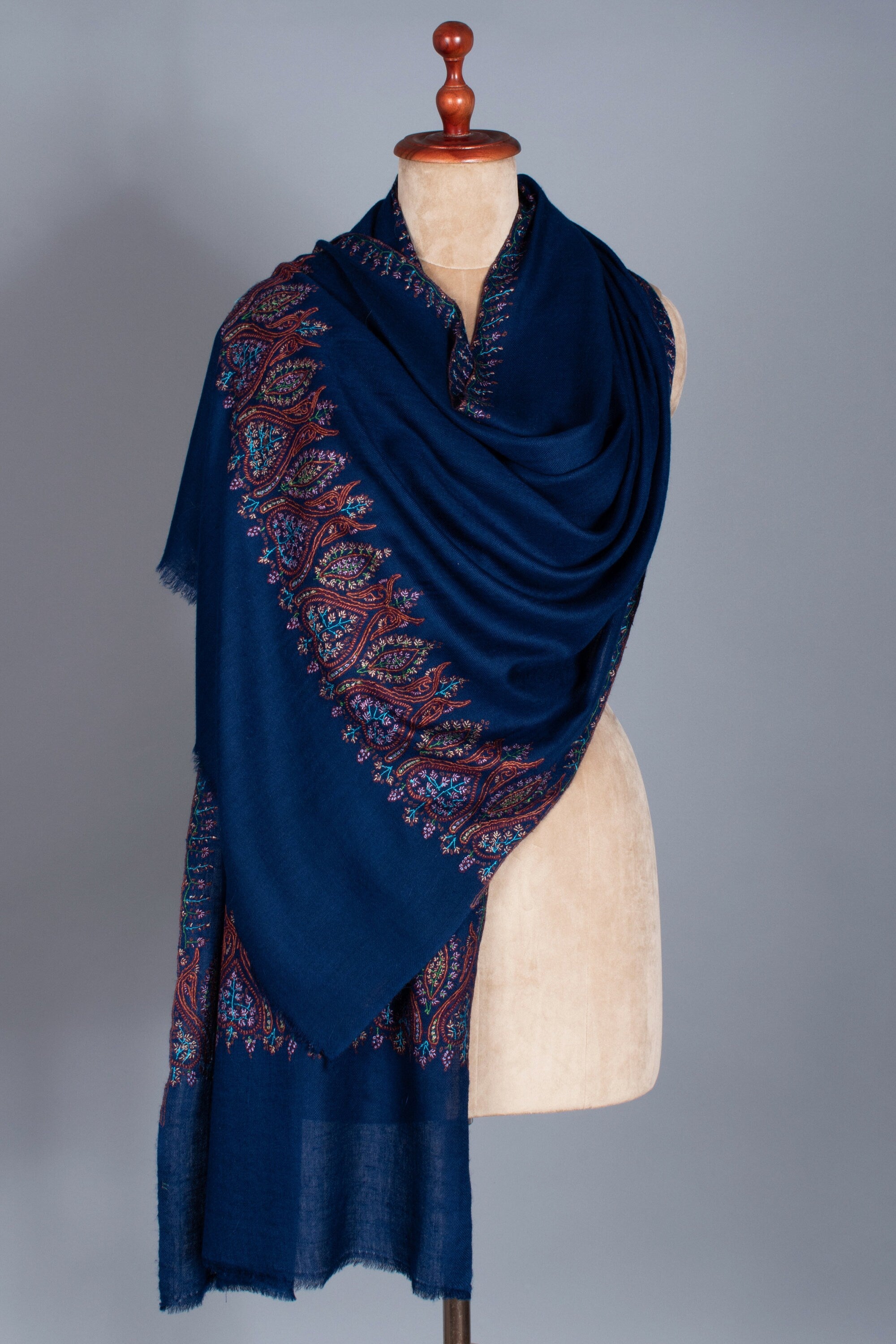 Prussian Blue Pashminas, Needlework Embroideries, Kashmiri Shawls, Summer Wraps, Goat Scarf, Real Cashmere, 28x80" - LORIENT