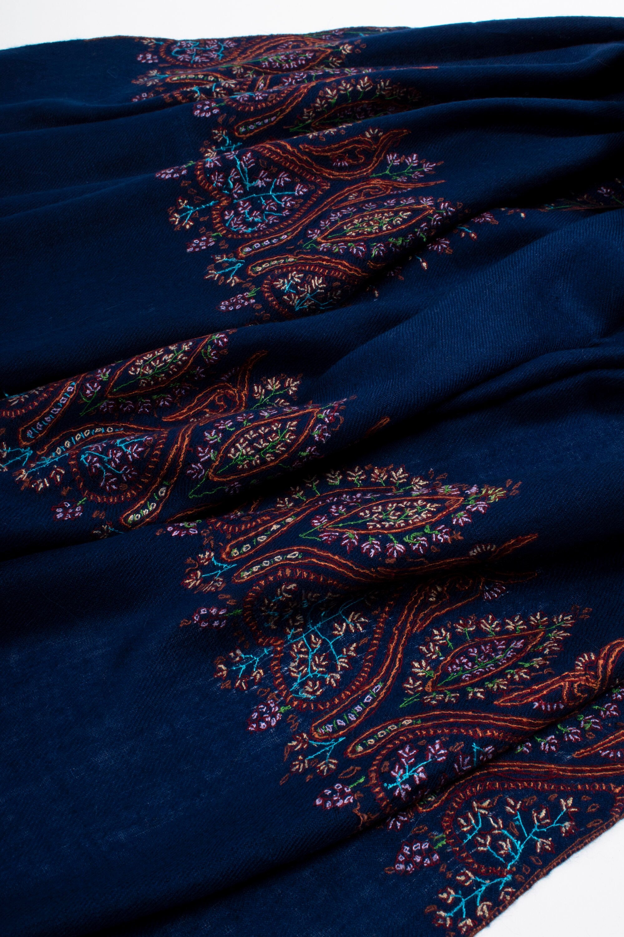 Prussian Blue Pashminas, Needlework Embroideries, Kashmiri Shawls, Summer Wraps, Goat Scarf, Real Cashmere, 28x80" - LORIENT