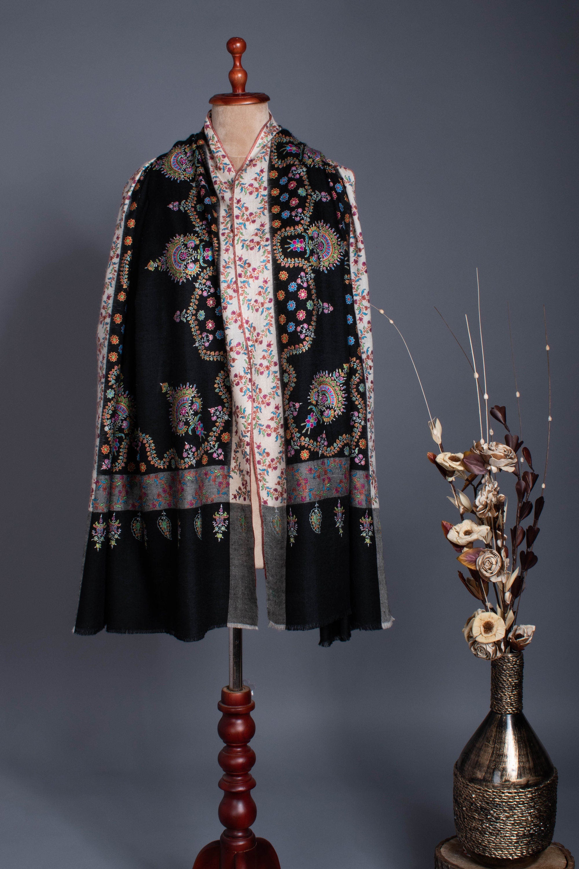 A One-of-a-Kind Handmade Kashmiri Shawl: Elegant Black & White Cashmere Shawl with Garden Embroidery Motifs 40x80" - JAY