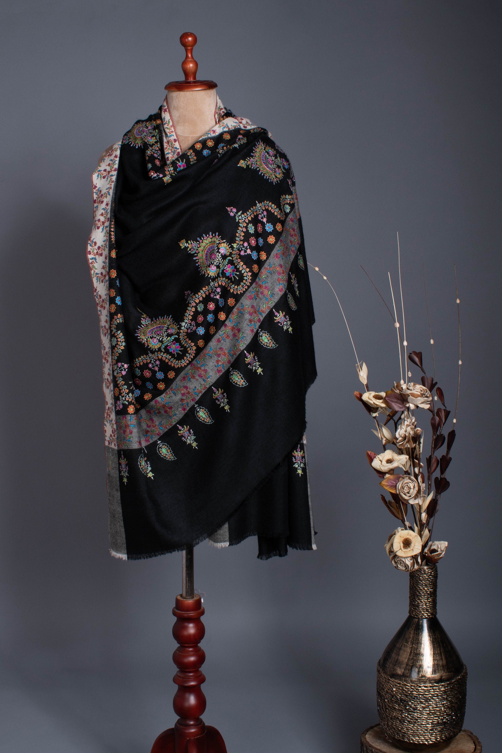 A One-of-a-Kind Handmade Kashmiri Shawl: Elegant Black & White Cashmere Shawl with Garden Embroidery Motifs 40x80" - JAY