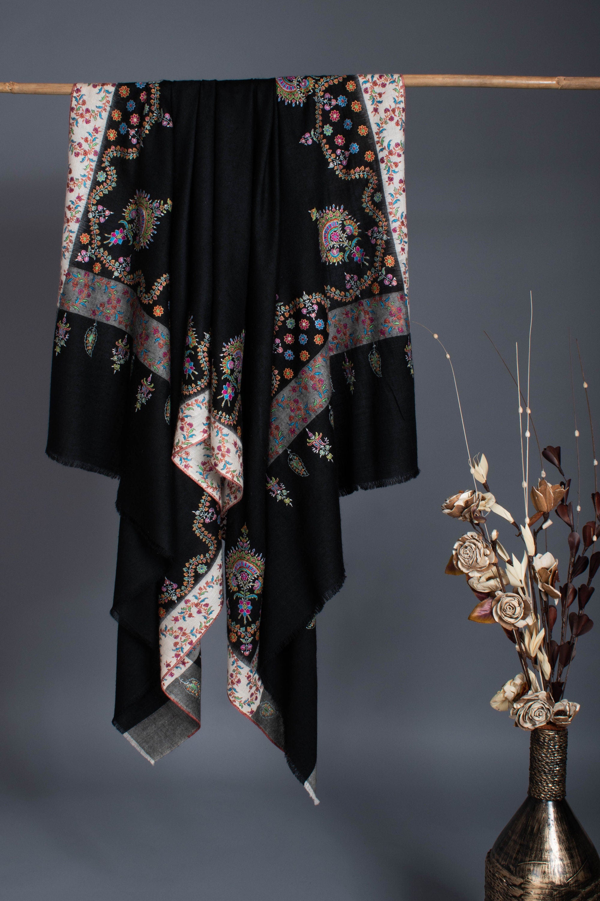 A One-of-a-Kind Handmade Kashmiri Shawl: Elegant Black & White Cashmere Shawl with Garden Embroidery Motifs 40x80" - JAY