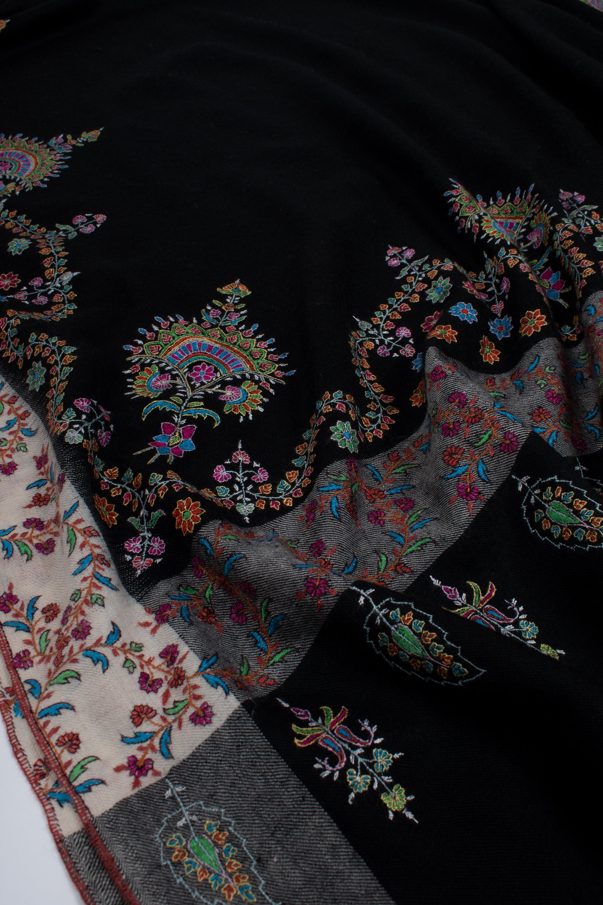 A One-of-a-Kind Handmade Kashmiri Shawl: Elegant Black & White Cashmere Shawl with Garden Embroidery Motifs 40x80" - JAY