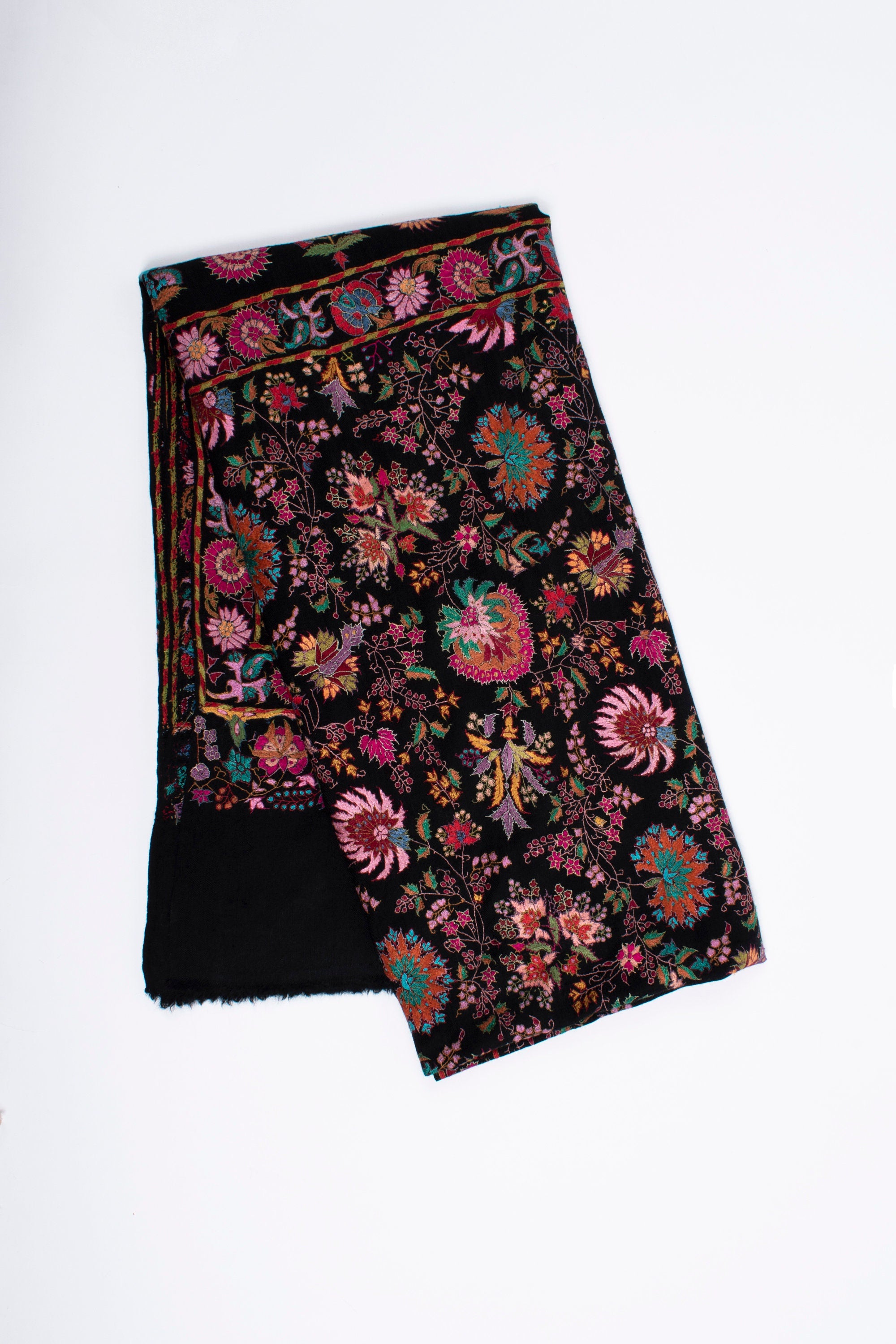 Charismatic Black Handmade Jamavar Cashmere Shawl with Colorful Floral Needlework Hand Embroidery, 40x80" - SUGAR