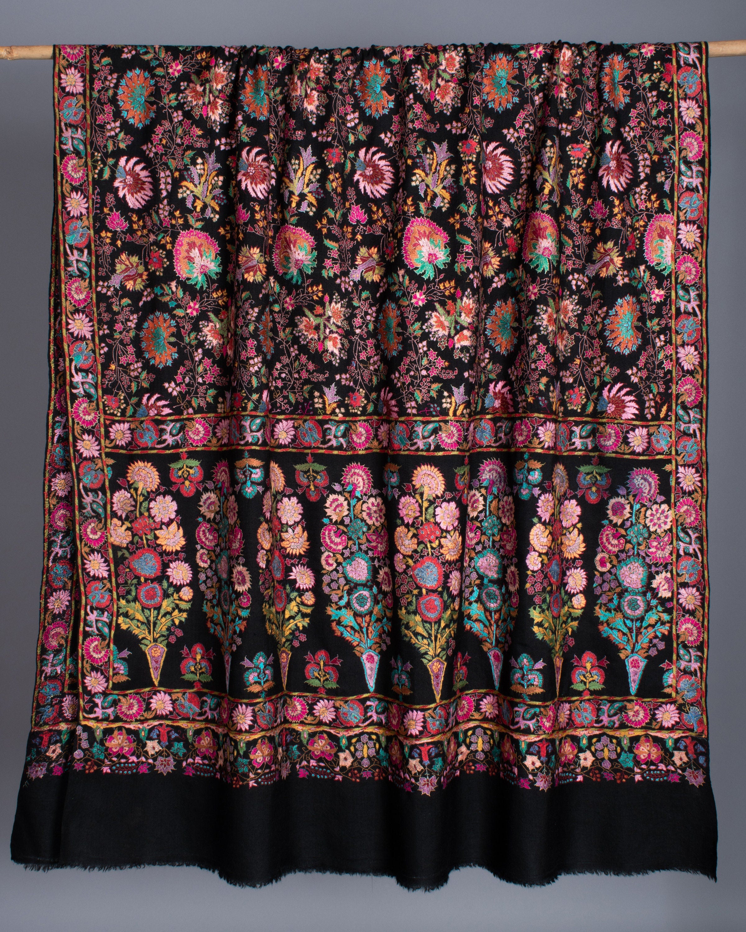 Charismatic Black Handmade Jamavar Cashmere Shawl with Colorful Floral Needlework Hand Embroidery, 40x80" - SUGAR