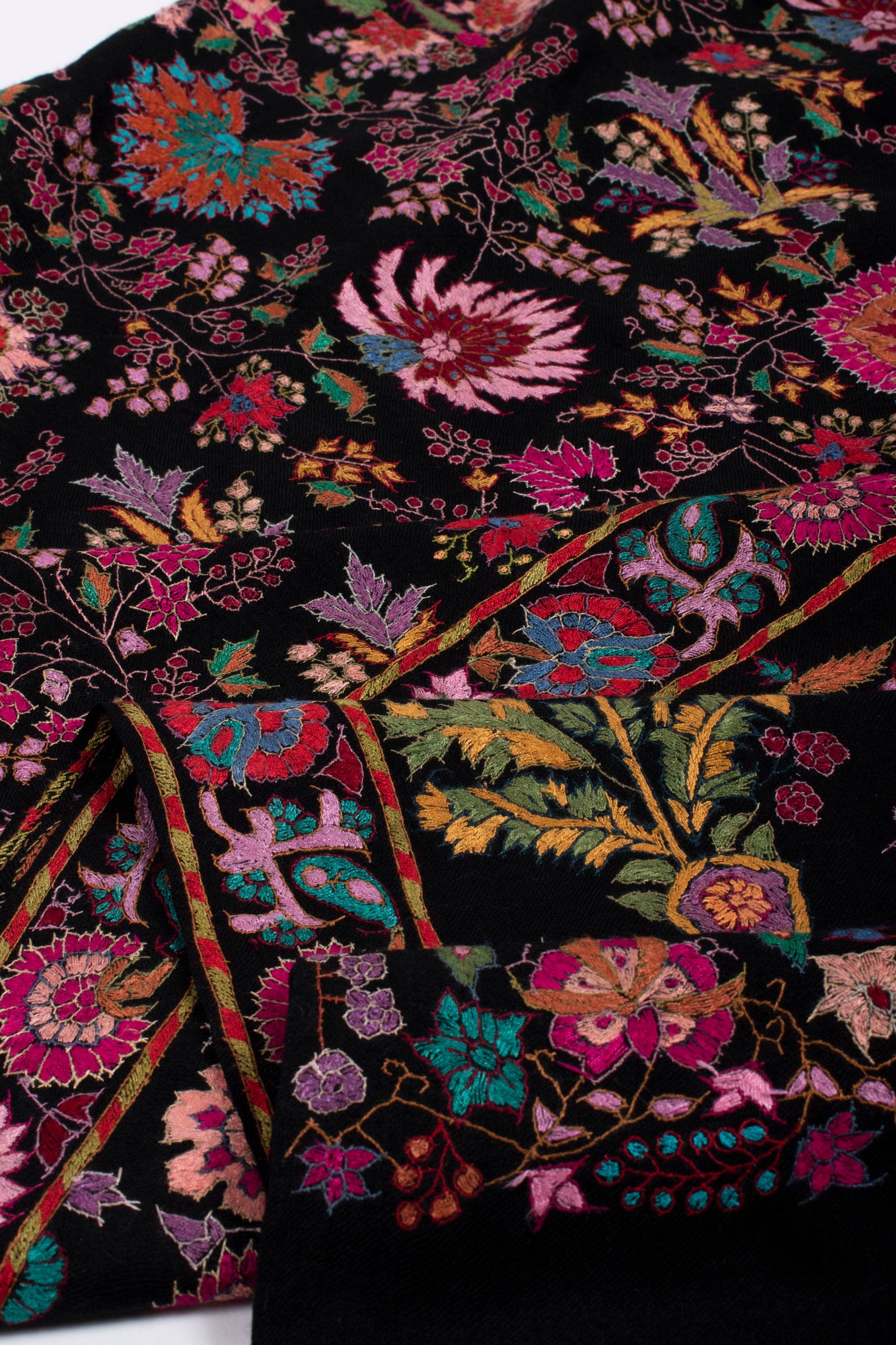 Charismatic Black Handmade Jamavar Cashmere Shawl with Colorful Floral Needlework Hand Embroidery, 40x80" - SUGAR