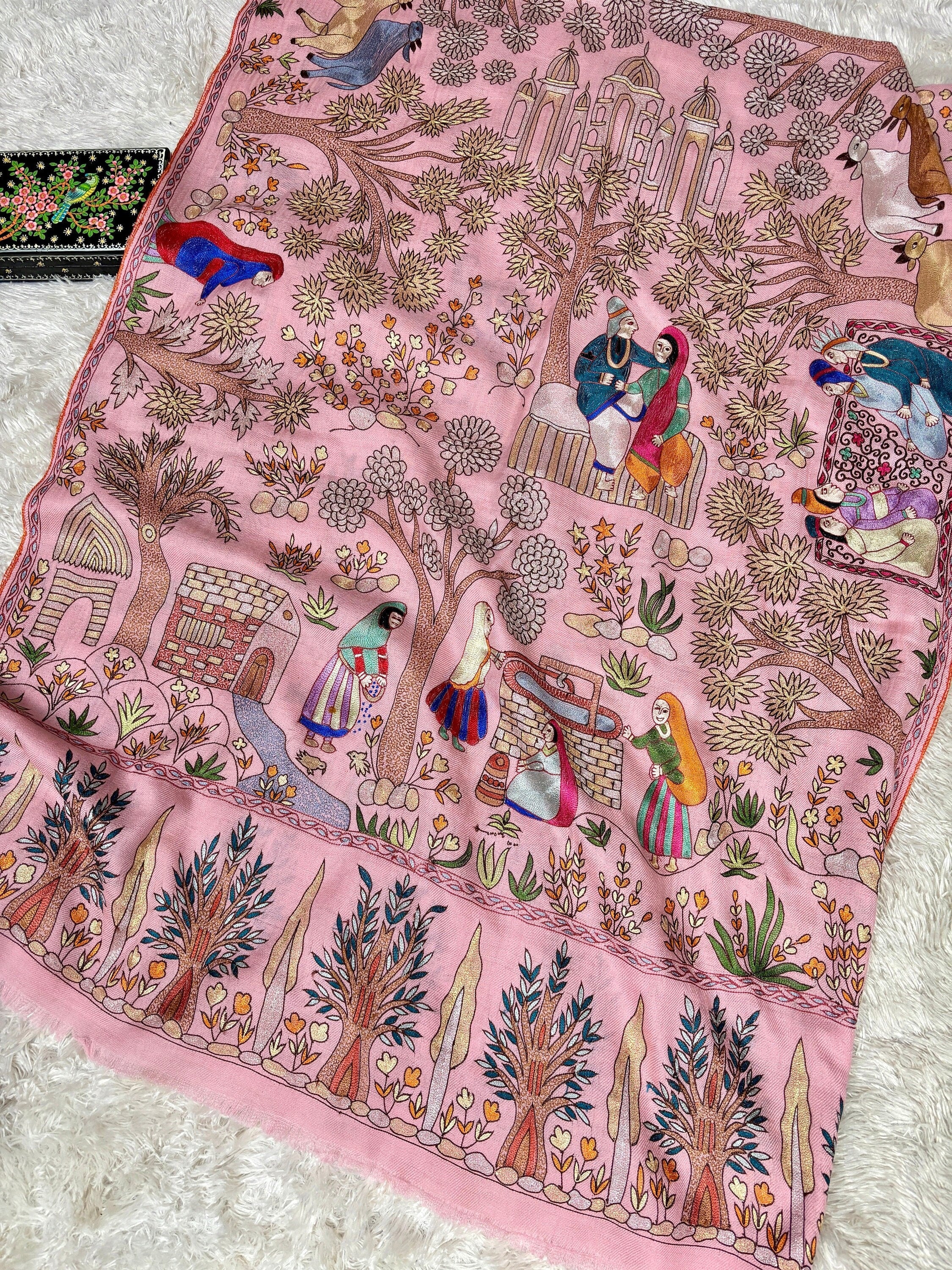 Baby Pink Hand Embroidered Artistic Cashmere Scarf