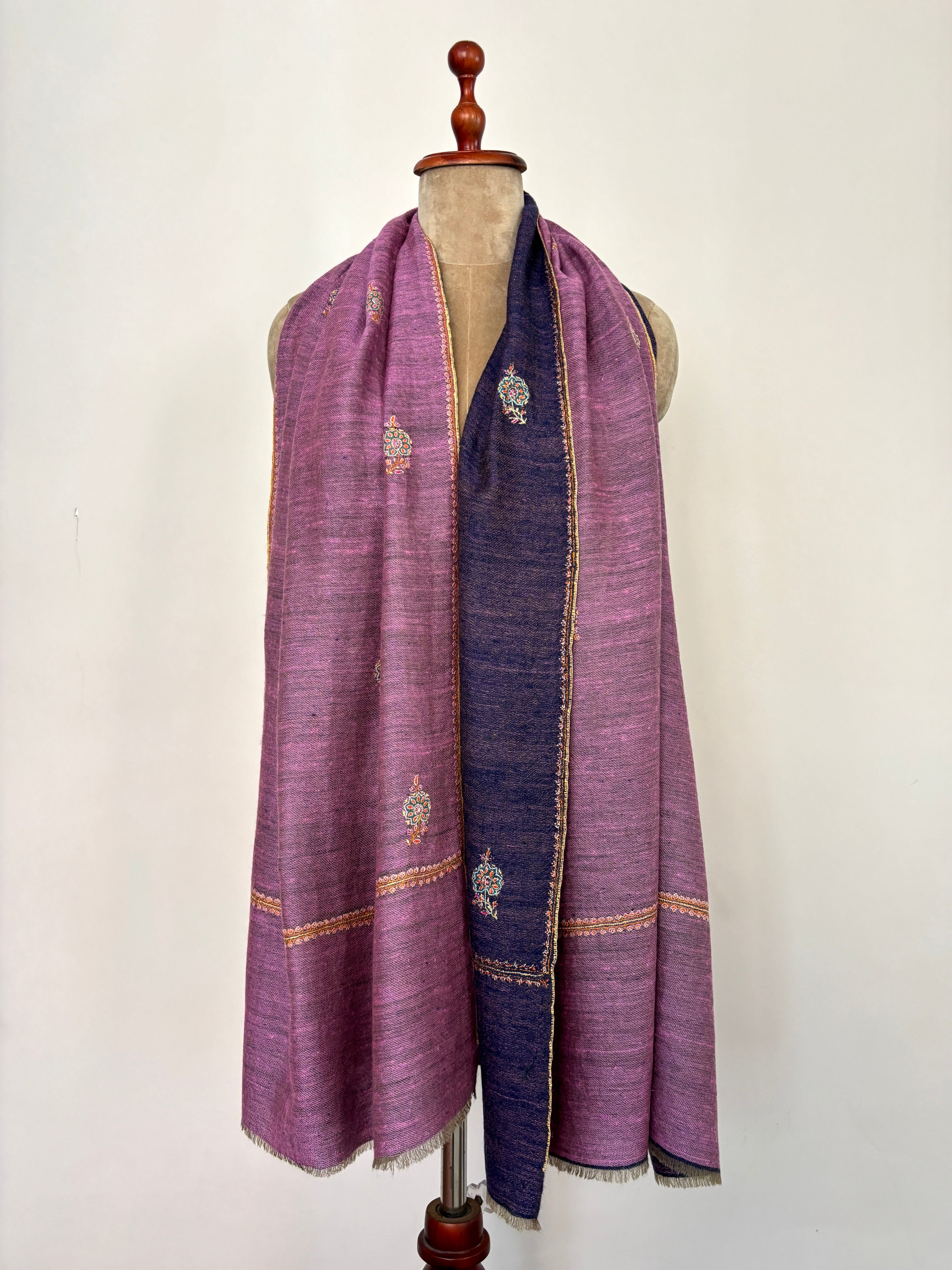 Mauve and Blue Dorukha Embroidered Cashmere Scarf