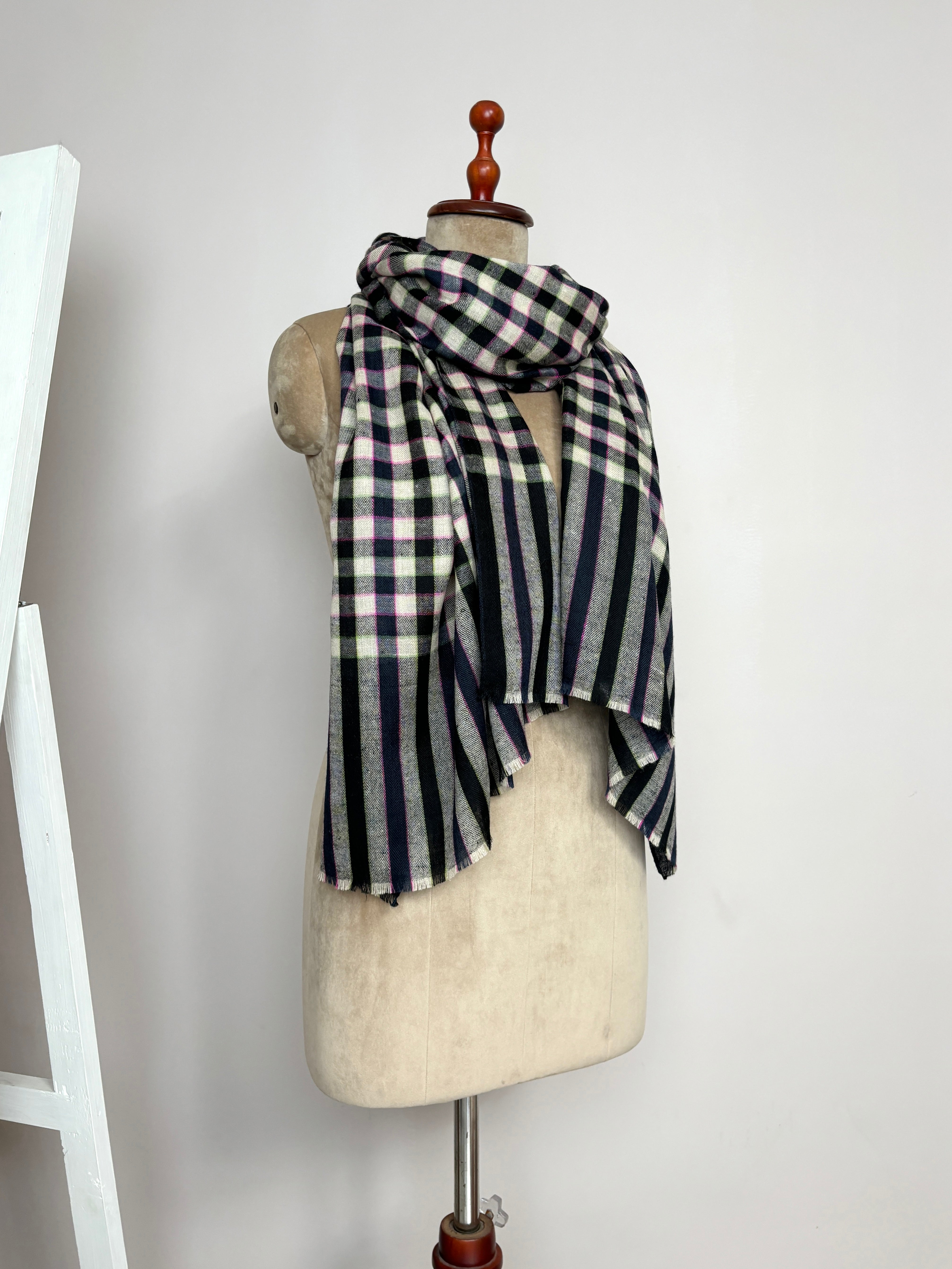 Black and White Check Shahkaar Cashmere Scarf - CODY