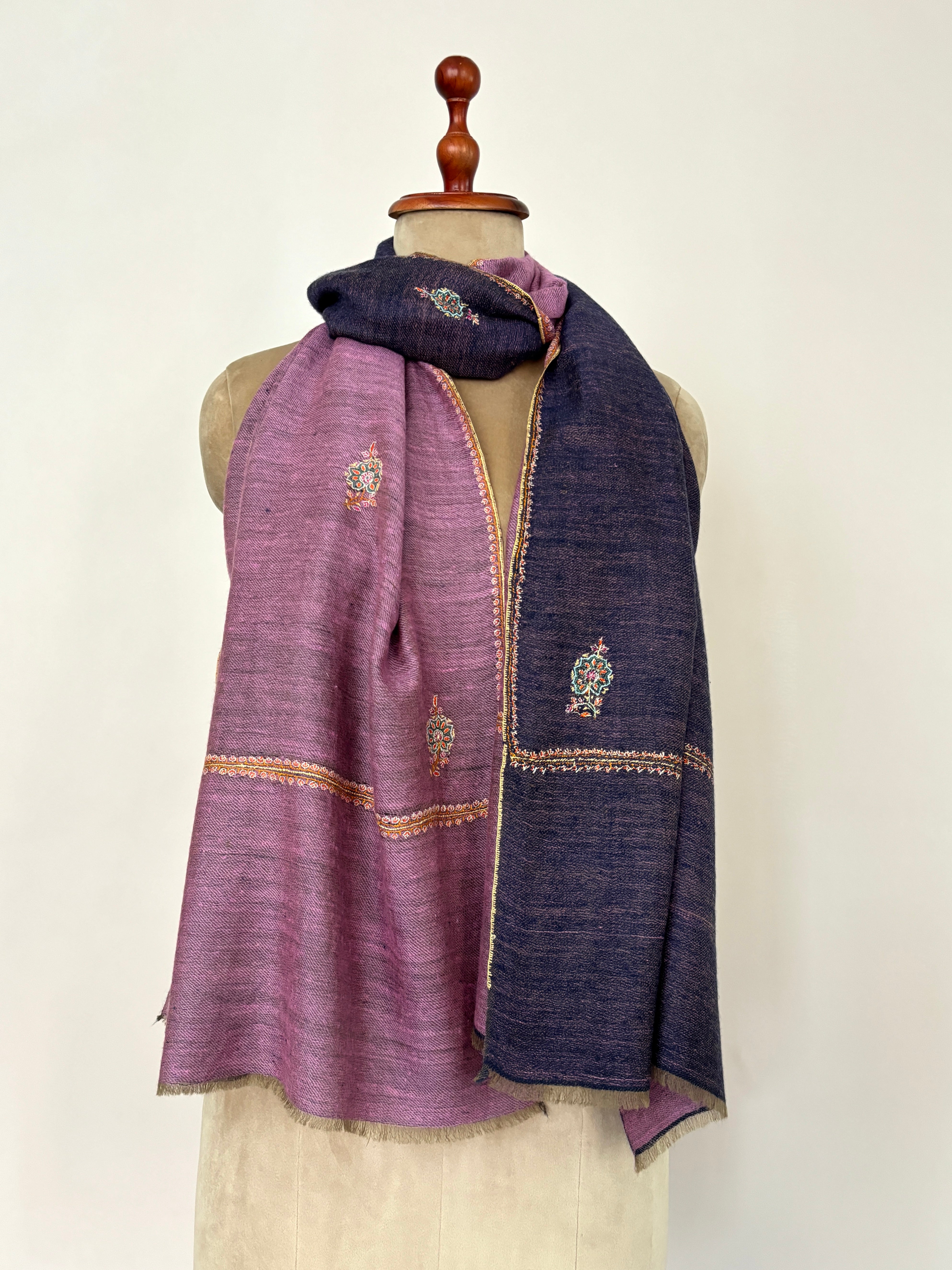 Mauve and Blue Dorukha Embroidered Cashmere Scarf