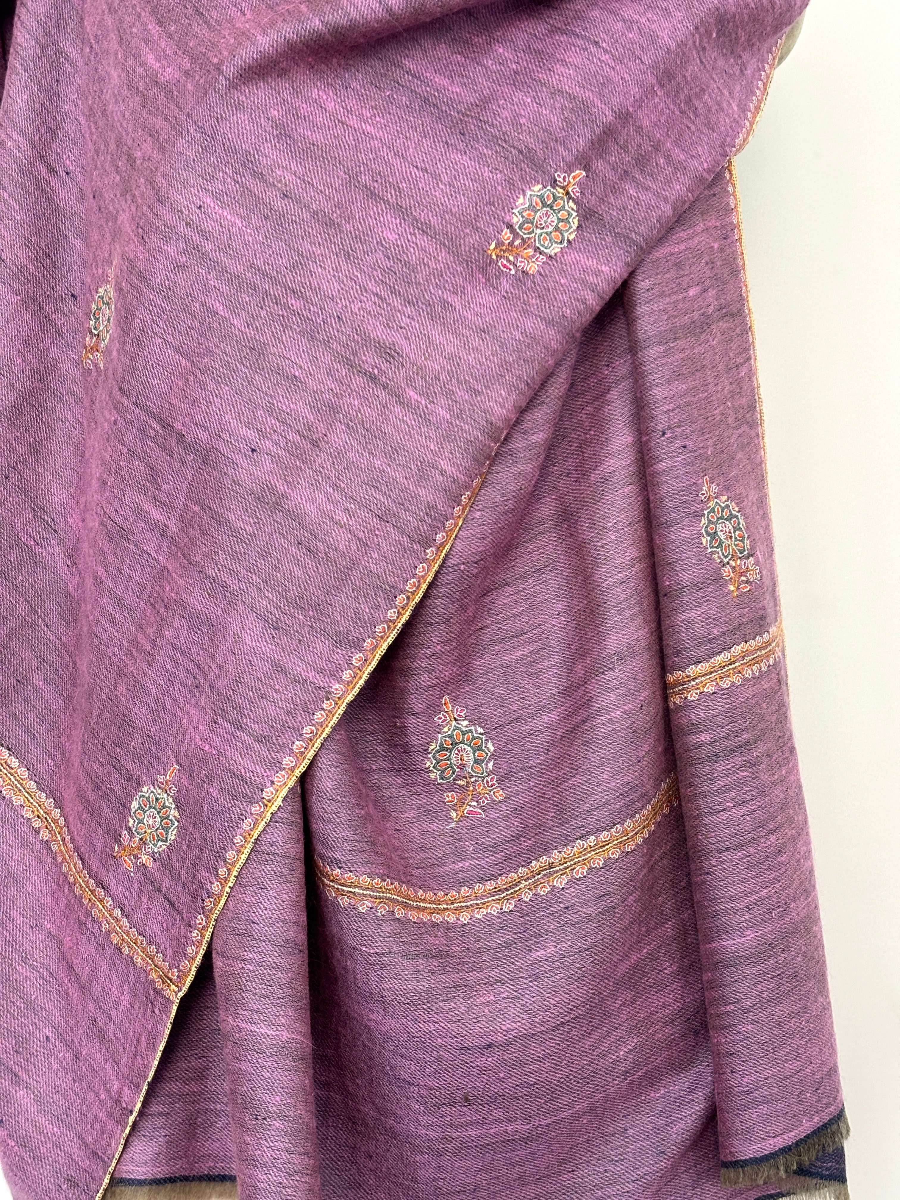 Mauve and Blue Dorukha Embroidered Cashmere Scarf