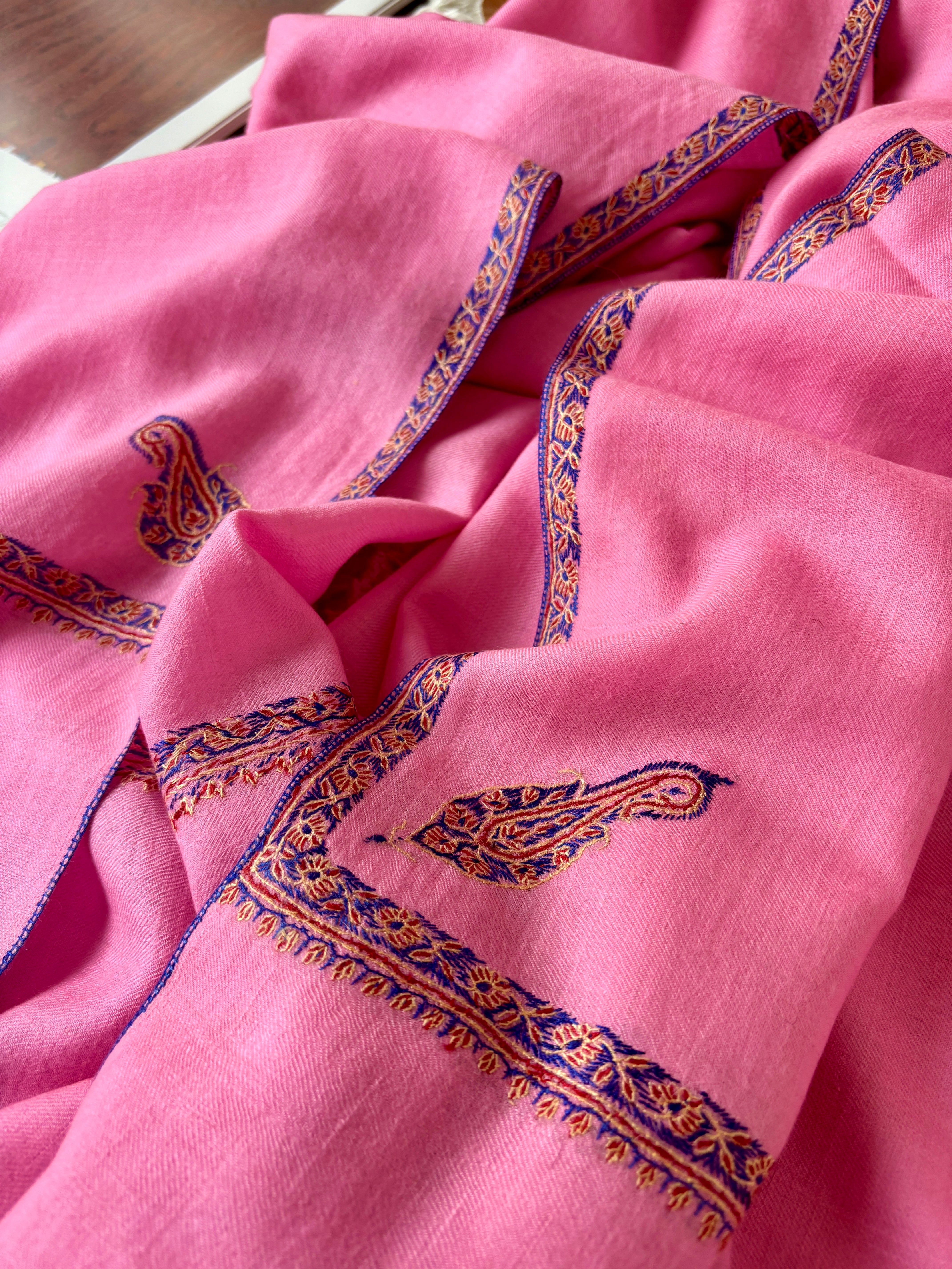 Pink Hand Embroidered Baildar Cashmere Pashmina Wrap - HIRWAUN