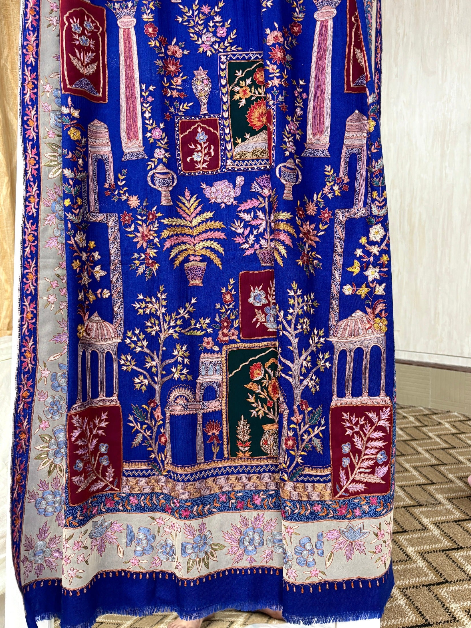 Blue Hand Embroidered Pashmina Shawl with Patch Work.