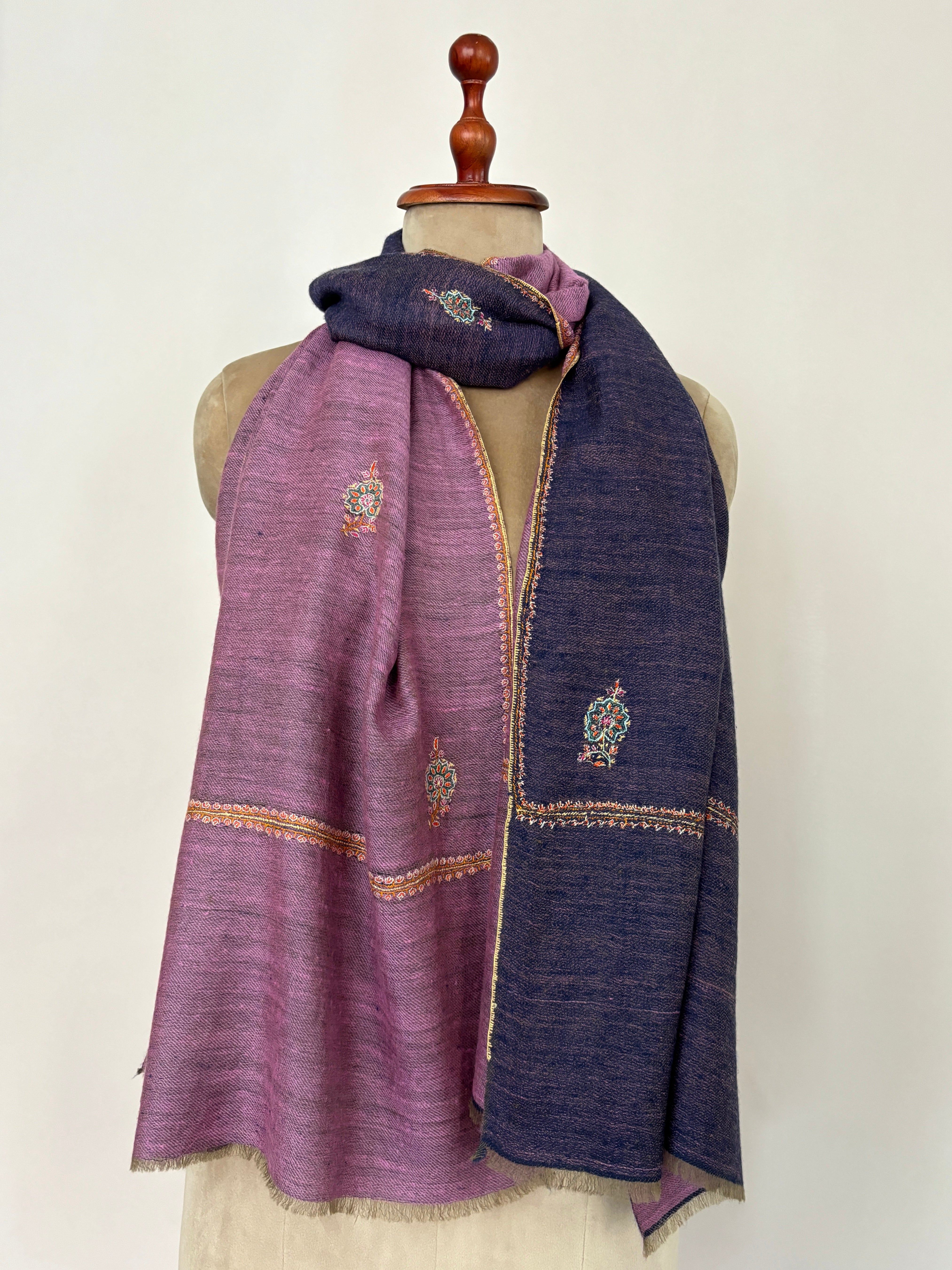 Mauve and Blue Dorukha Embroidered Cashmere Scarf