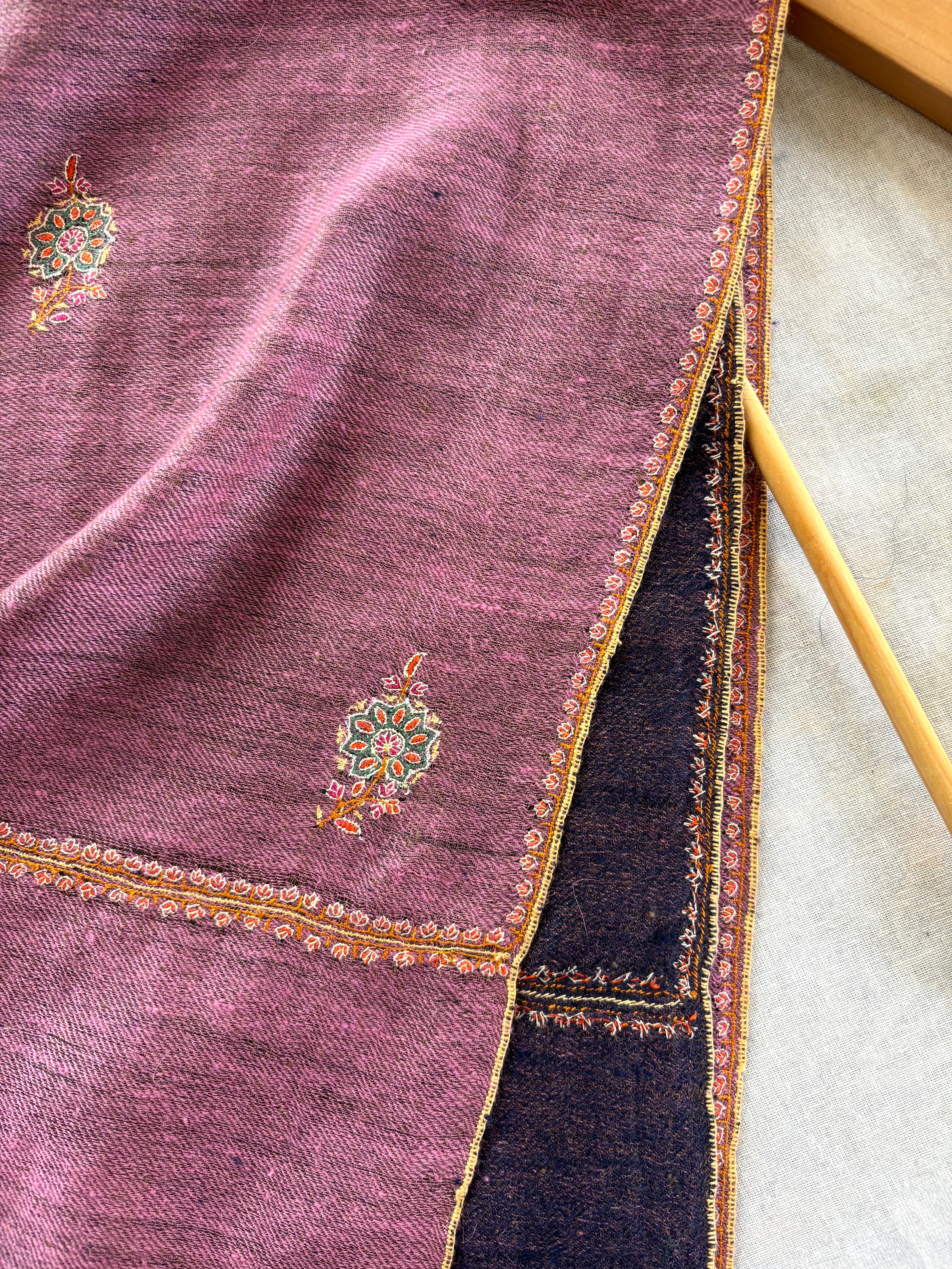 Mauve and Blue Dorukha Embroidered Cashmere Scarf