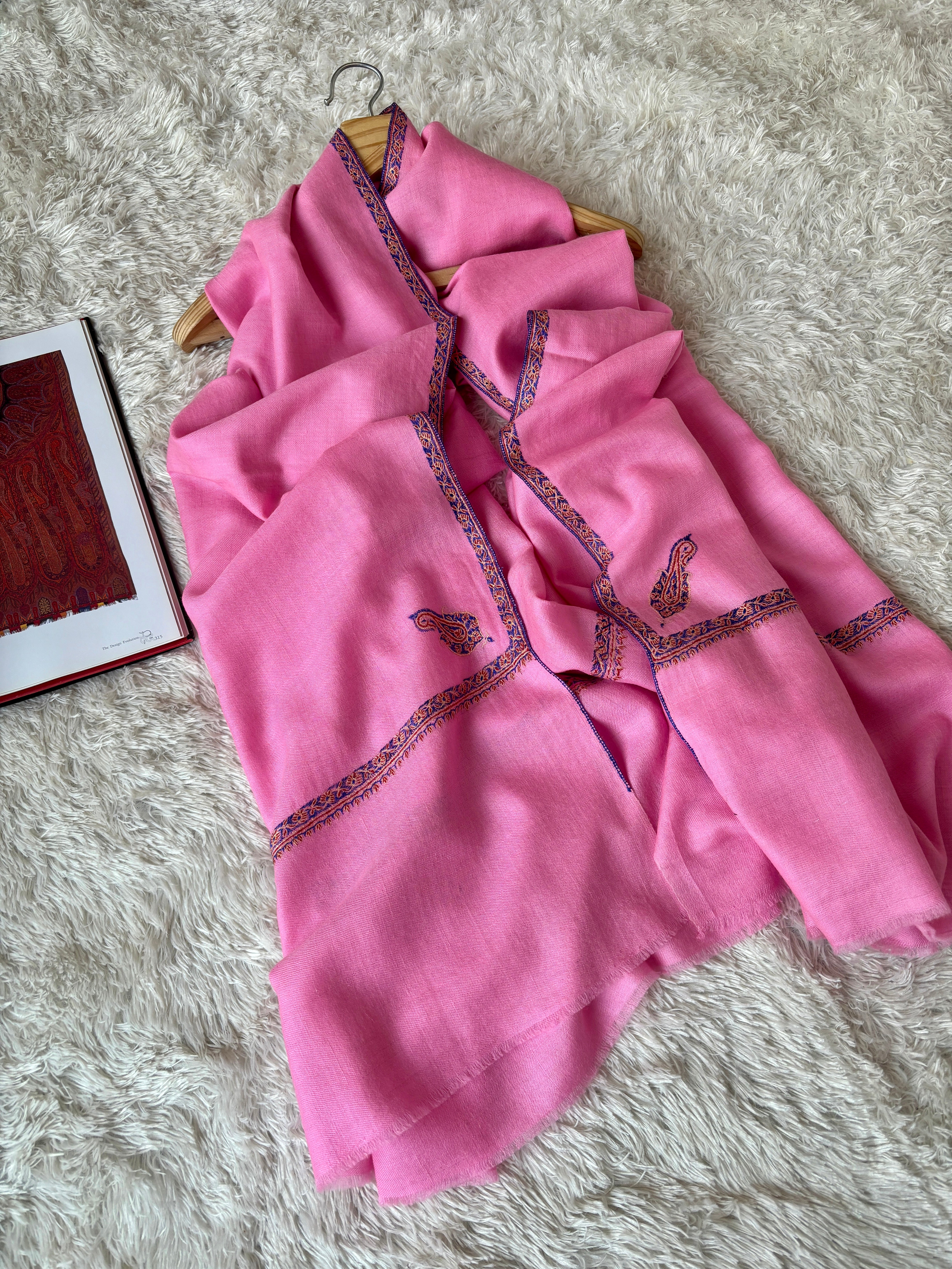 Pink Hand Embroidered Baildar Cashmere Pashmina Wrap - HIRWAUN