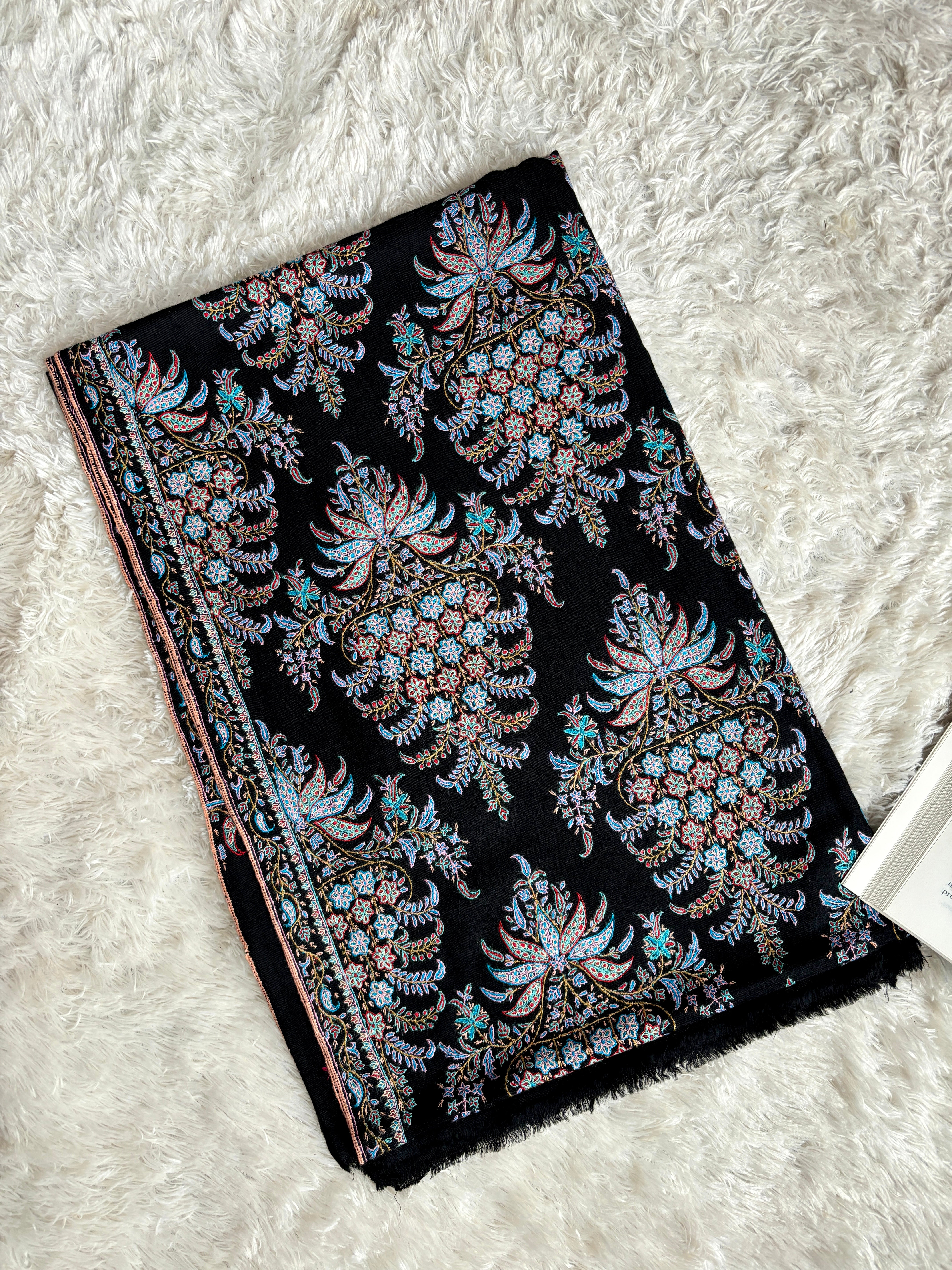 Black Embroidered Kashmiri Pashmina Shawl - MACCLESFIELD